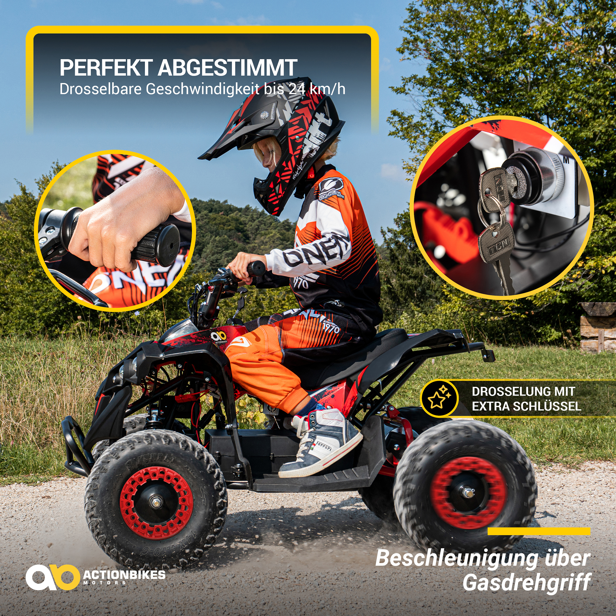 Ein Kind in Motocross-Ausrüstung fährt ein schwarz-rotes ATV. Die Szene ist im Freien mit Text-Overlays und hervorgehobenen Details.