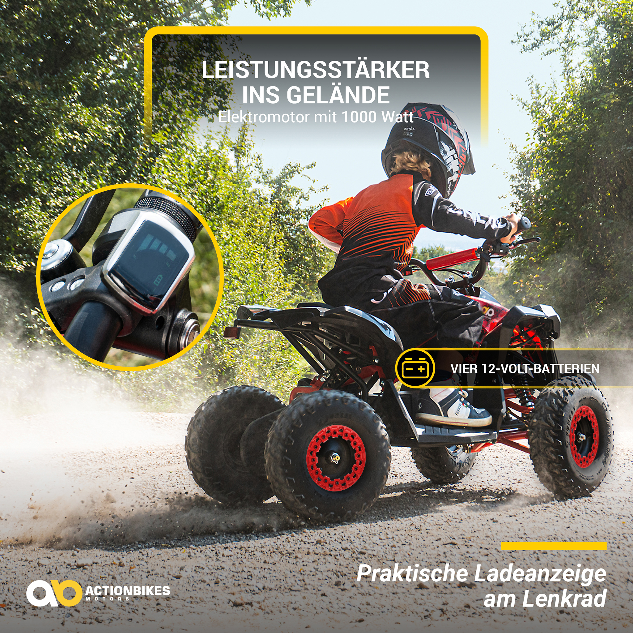 Ein Kind mit Helm fährt ein rot-schwarzes ATV auf einem Feldweg. Text zeigt einen 1000W-Motor und 12V-Batterien an.