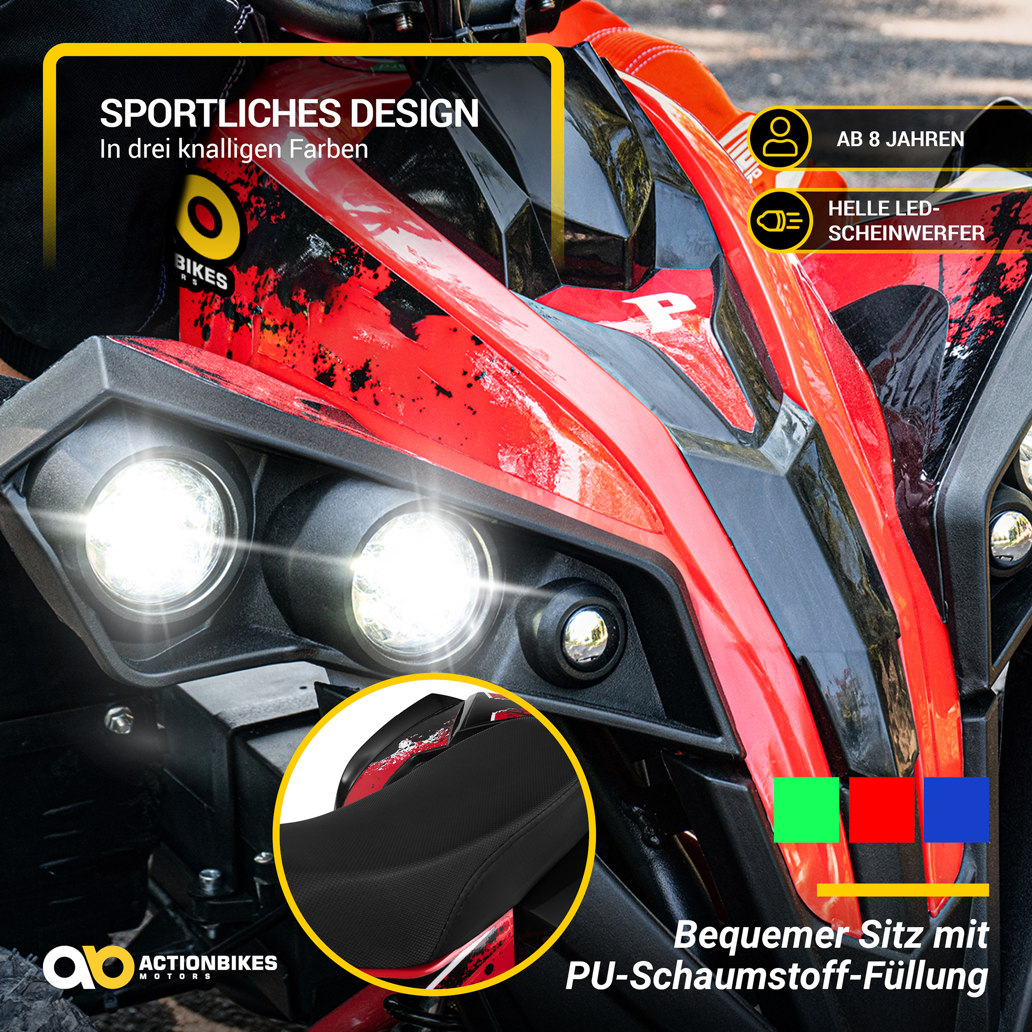 Rotes und schwarzes Quad mit hellen Scheinwerfern und Text, der Merkmale und Altersangemessenheit (8+) angibt.