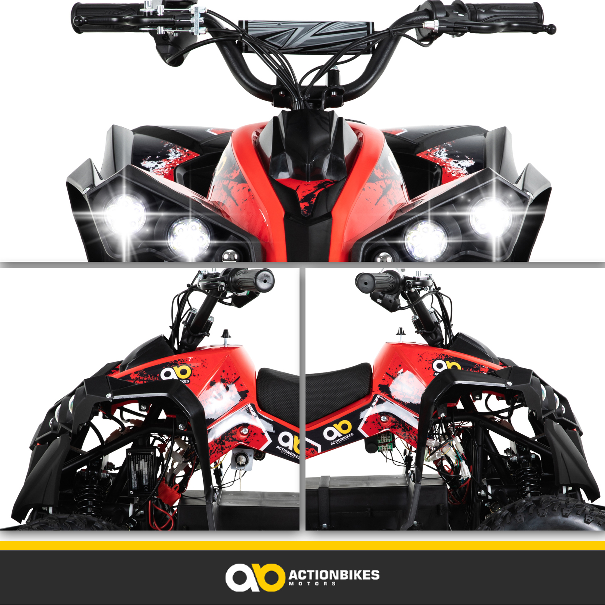 Rotes und schwarzes ATV-Quad. Helle Scheinwerfer sind an. Lenker, Räder und Actionbikes-Logo sichtbar.