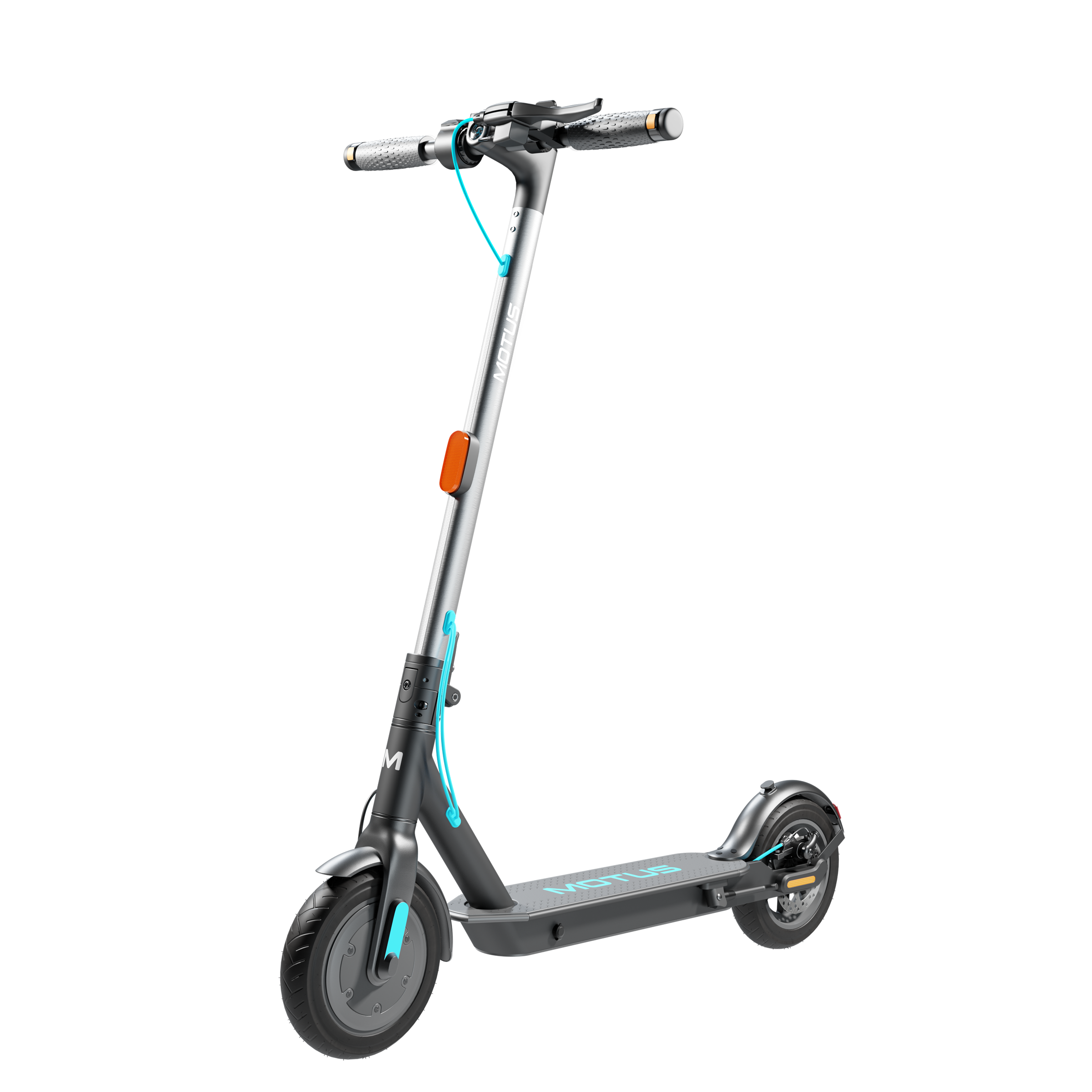 Hulajnoga elektryczna z szarą ramą, czarnymi kołami i turkusowymi akcentami. Widoczne są pomarańczowe odblaski.