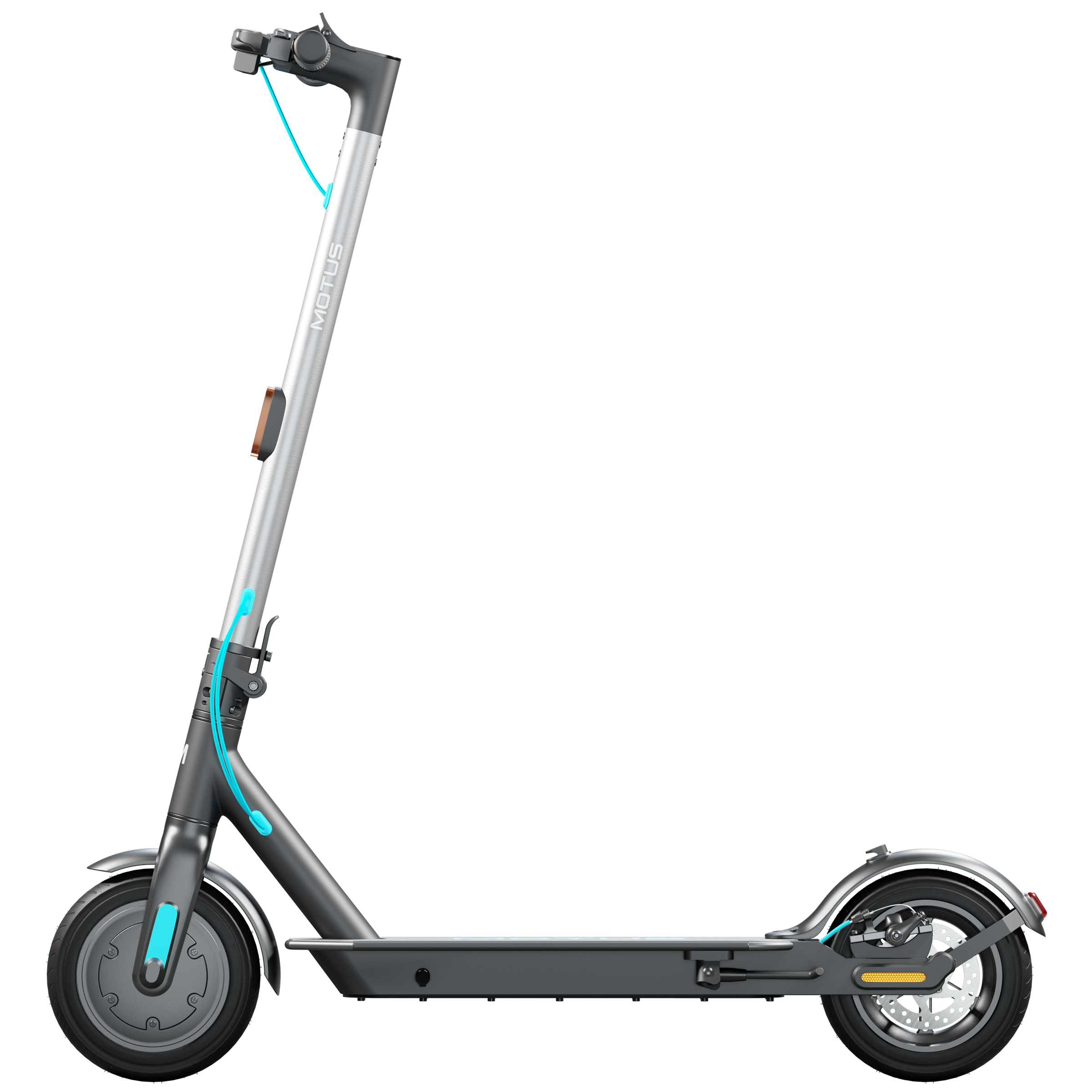 Hulajnoga elektryczna z szarą ramą, czarnymi kołami i niebieskimi akcentami, na paskowanym tle.