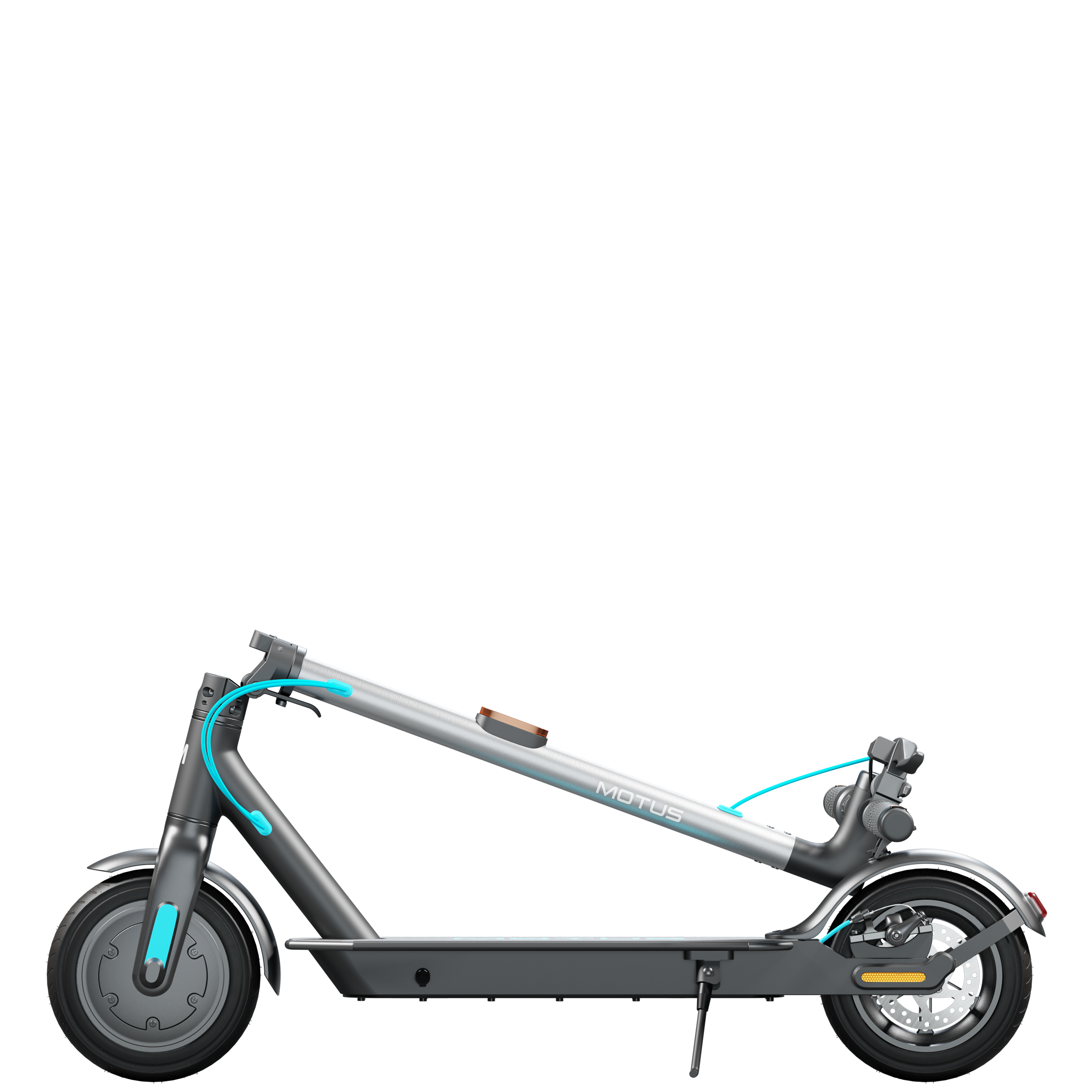 Szary i srebrny skuter elektryczny. Ma niebieski kabel i akcenty. Marka to 'MOTUS'.