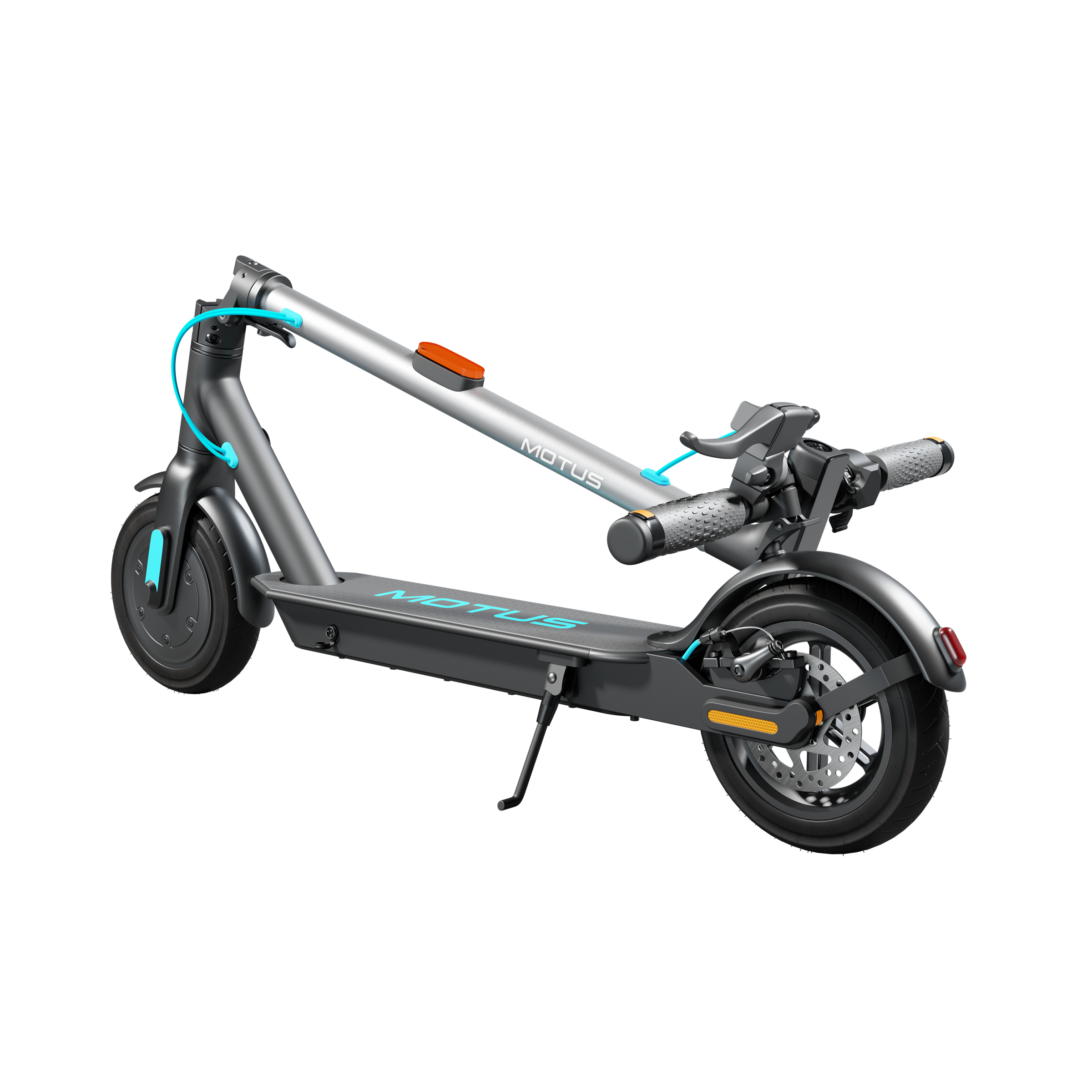 Hulajnoga elektryczna z szarą ramą i czarnymi kołami. Kierownica ma szare i czarne elementy. Marka to MOTUS.