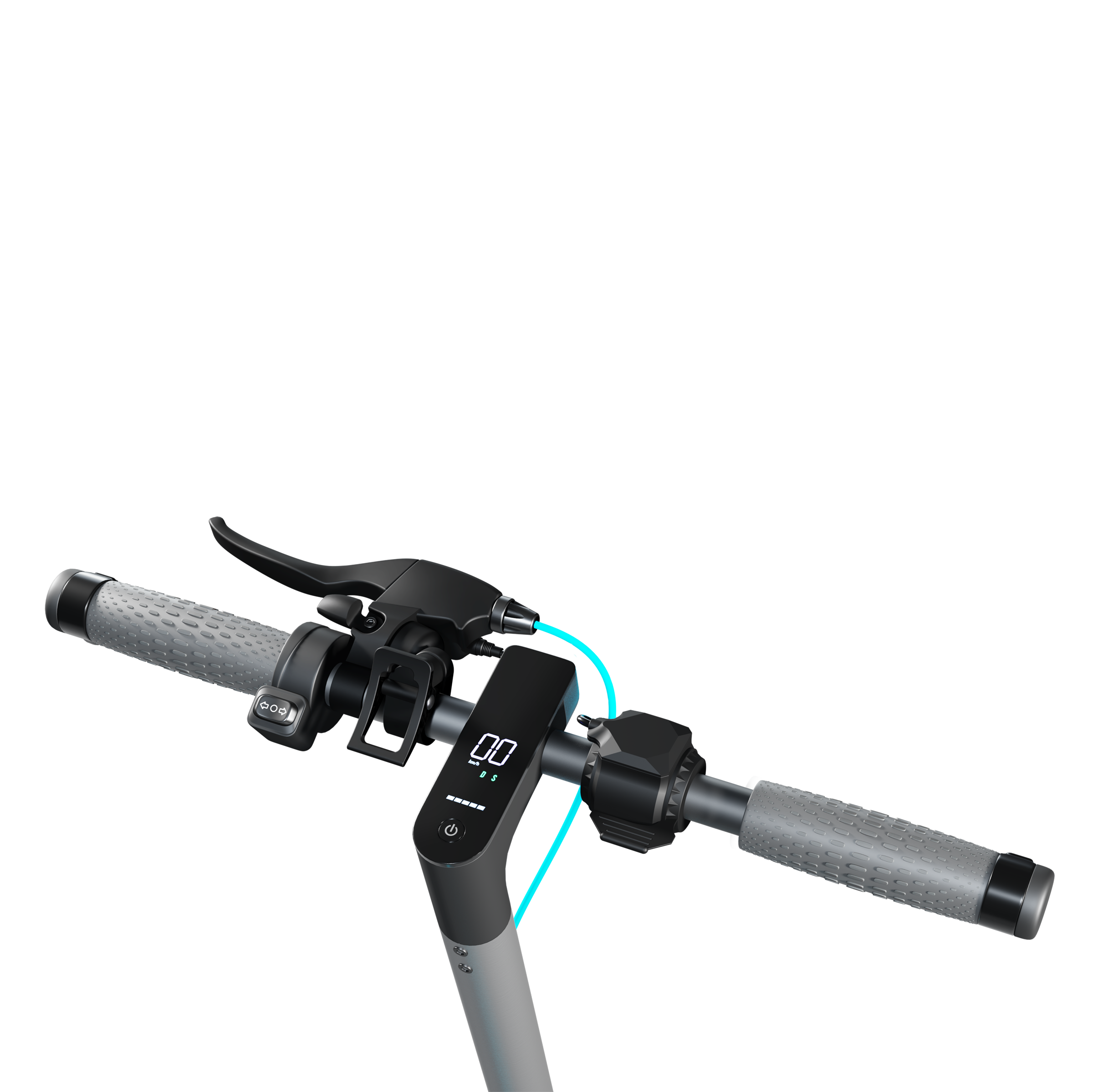 Zbliżenie kierownicy hulajnogi elektrycznej. Wyświetlacze pokazują prędkość, baterię i przycisk zasilania. Szare uchwyty, czarna dźwignia hamulca.