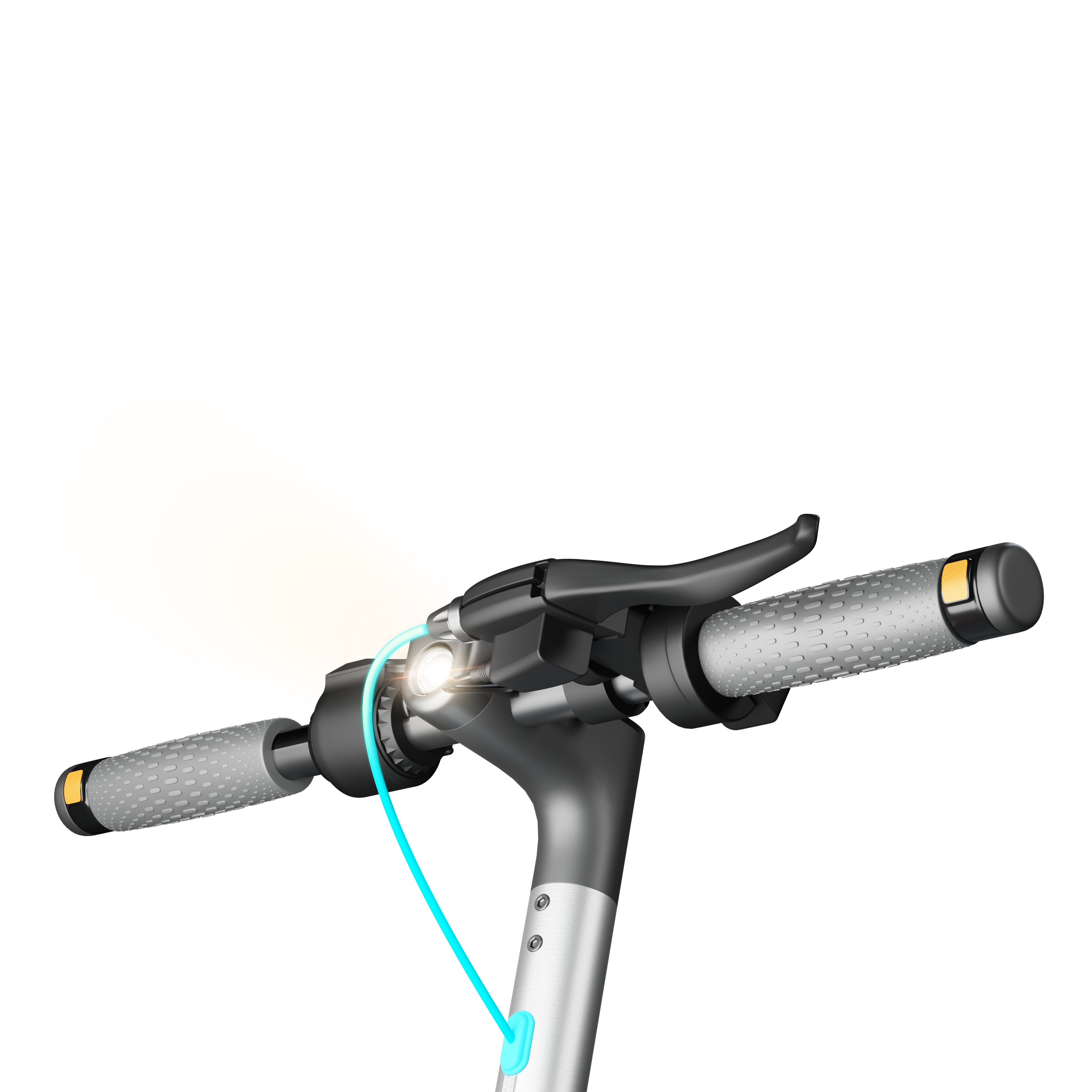 Zbliżenie kierownicy hulajnogi elektrycznej. Zawiera światło, hamulce i teksturowane uchwyty. Czarne tło.