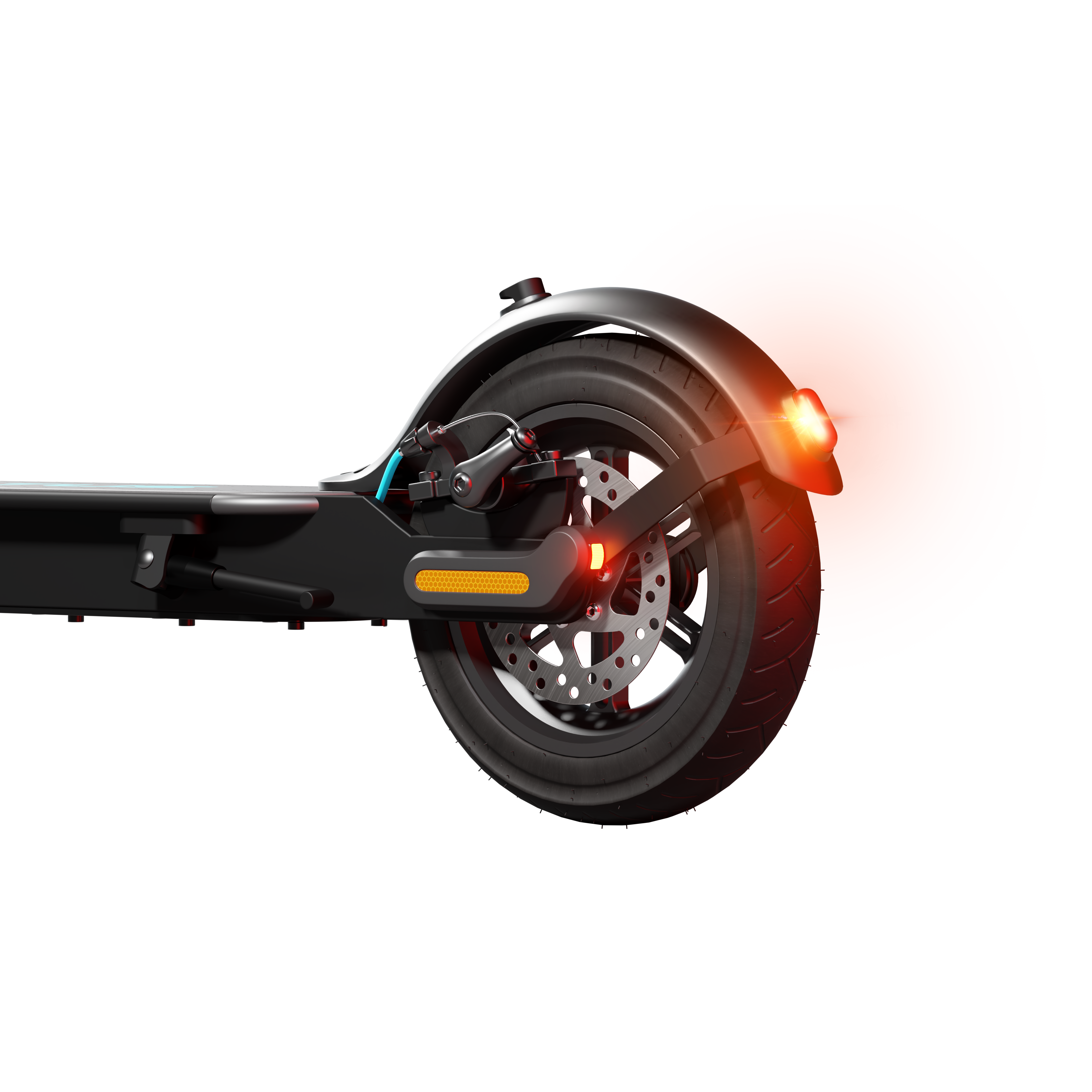 Czarne tylne koło hulajnogi elektrycznej z czerwonym światłem stopu i odblaskiem. Pomarańczowe koło na czarnym tle.