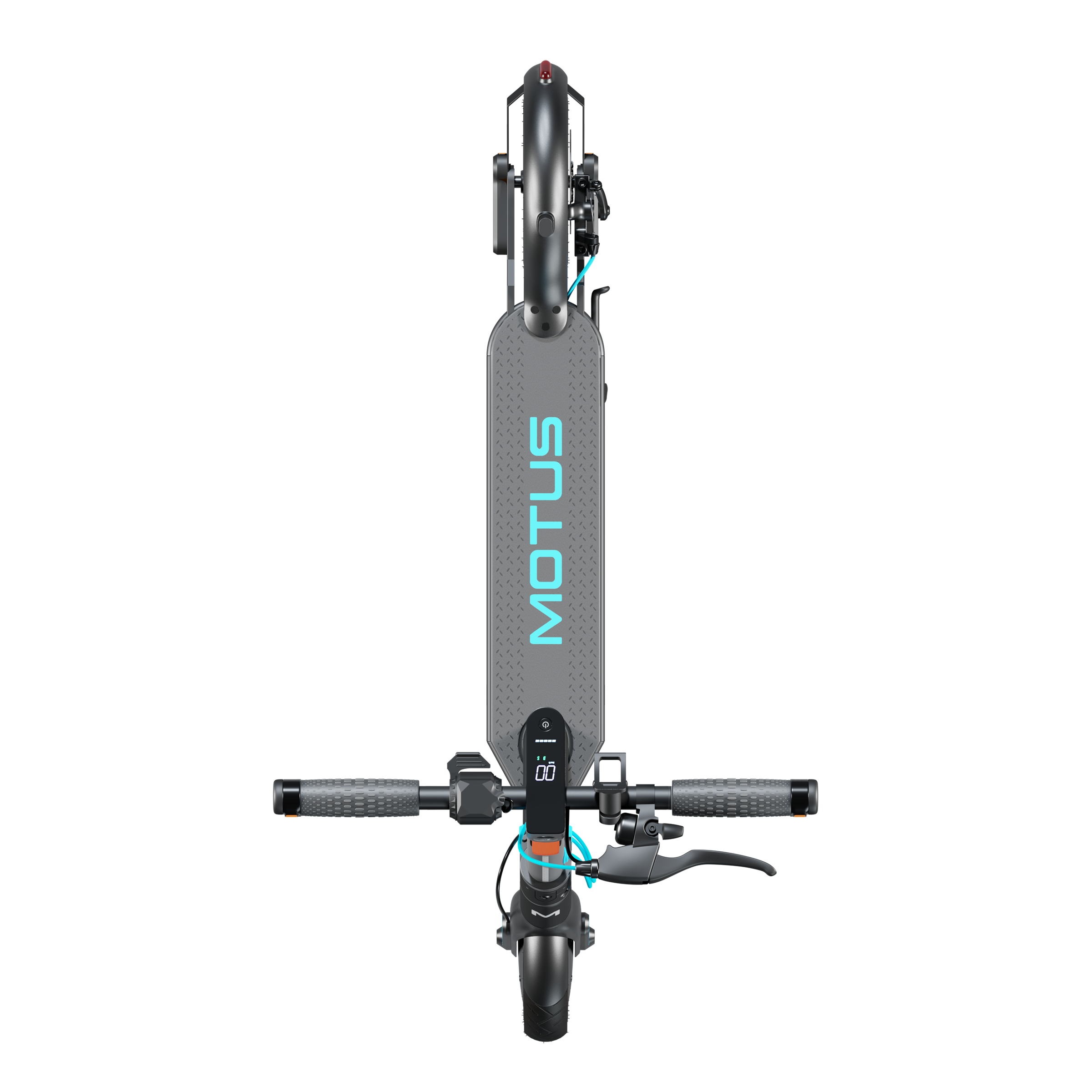 Widok z góry na hulajnogę elektryczną Motus. Ma szary pokład, czarną kierownicę i pomarańczowe akcenty.