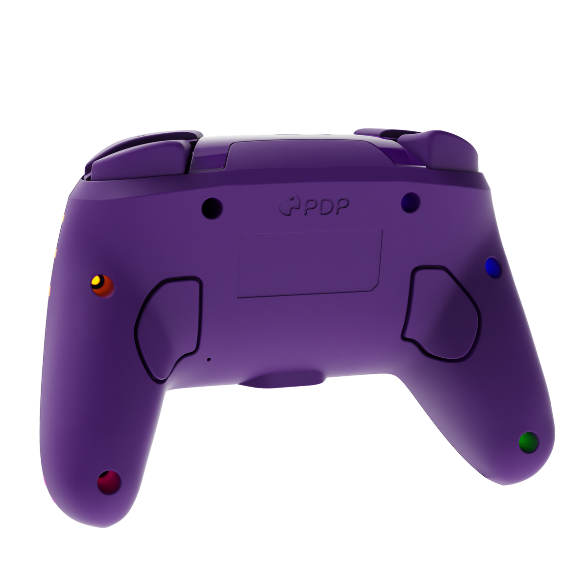 Ein lila Gamecontroller mit verschiedenen farbigen Lichtern. Der Controller hat ein Logo und Knöpfe auf der Rückseite. Der Hintergrund ist schwarz.