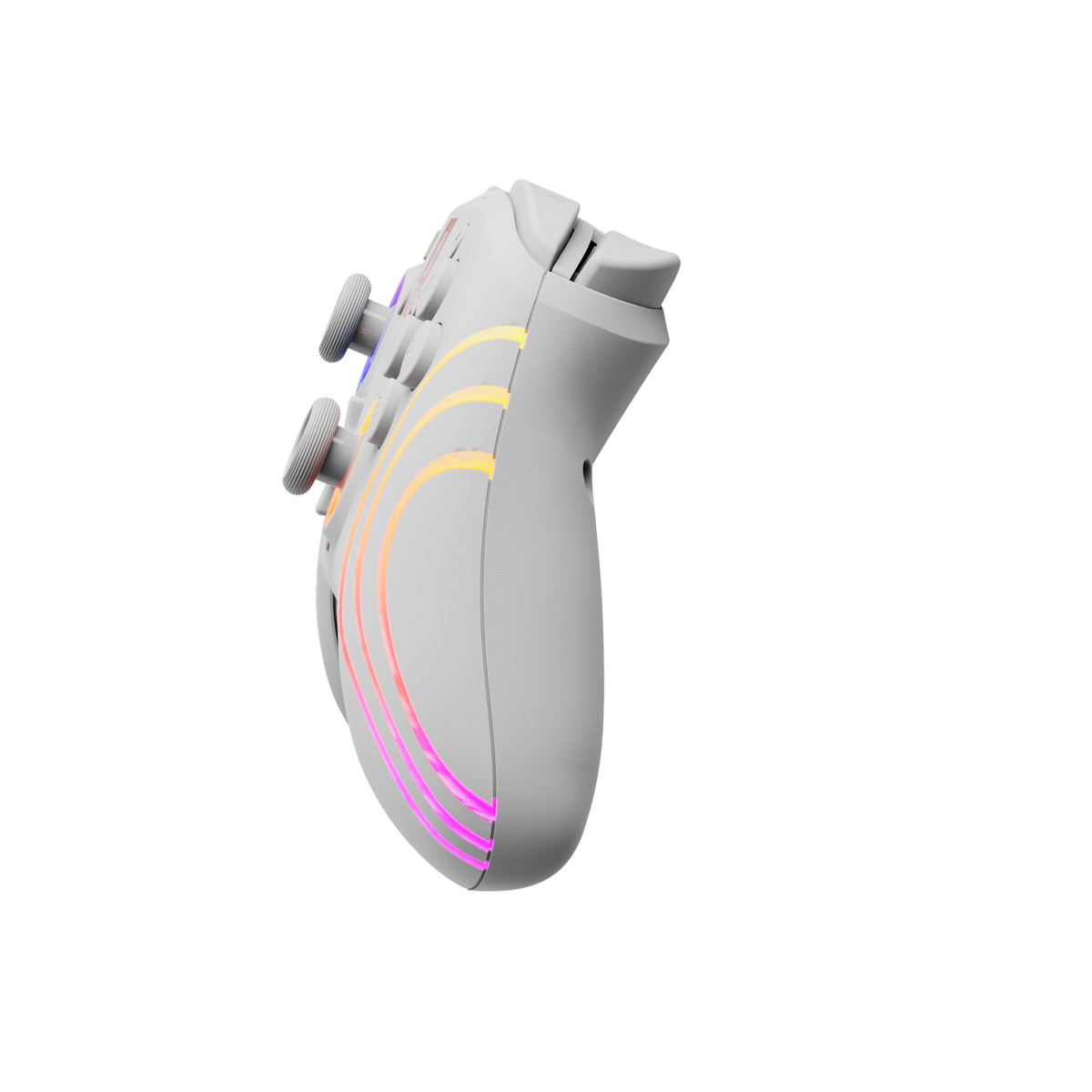 Ein weißer Gamecontroller mit bunten Lichtern ist auf schwarzem Hintergrund zu sehen. Der Controller hat zwei Analogsticks und Knöpfe.