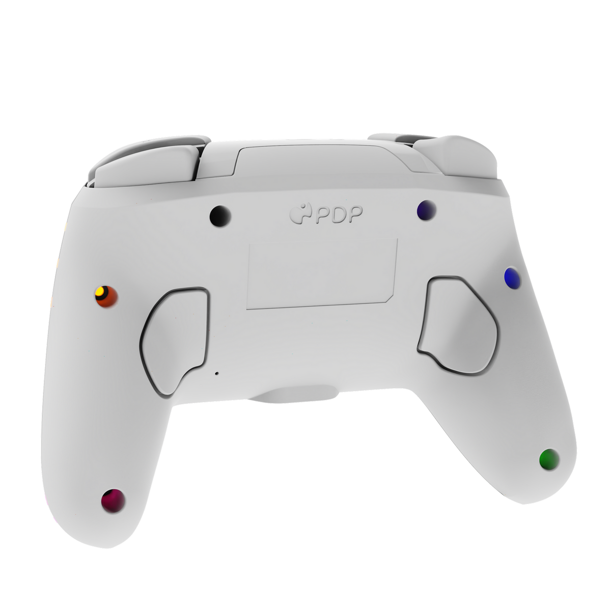 Ein weißer PDP-Gamecontroller mit farbigen Knöpfen. Der Hintergrund ist schwarz. Der Controller hat ein Logo.