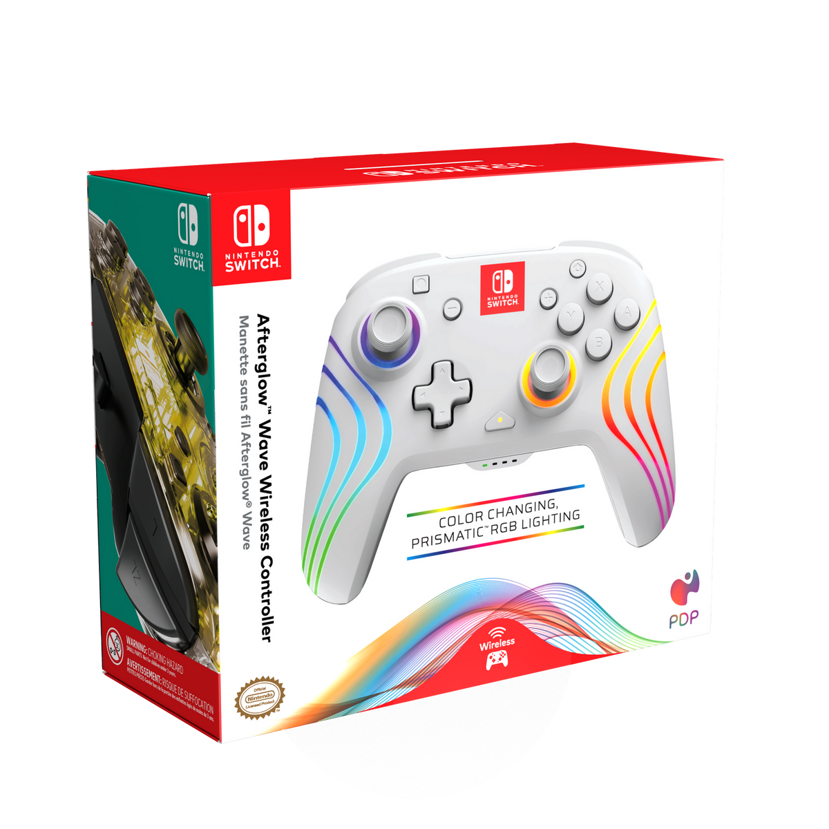 Verpackter, weißer Nintendo Switch-Controller mit Regenbogen-Lichtakzenten. Text: Afterglow Wave Wireless Controller.