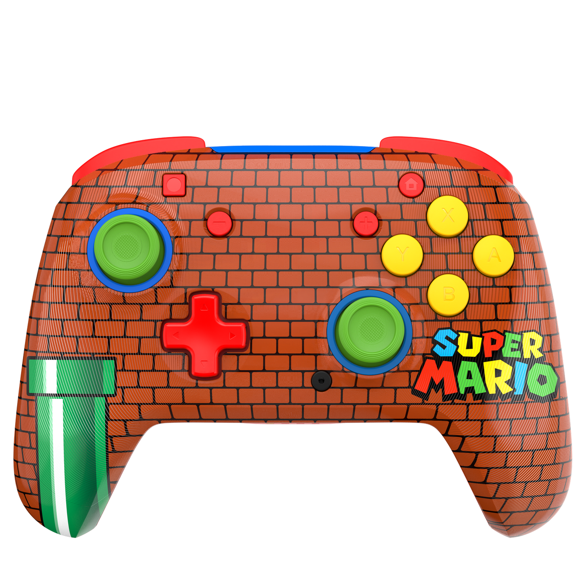 Un controller di gioco a tema Super Mario. Ha un motivo a mattoni, pulsanti verdi e blu e un D-pad rosso. Lo sfondo è nero.