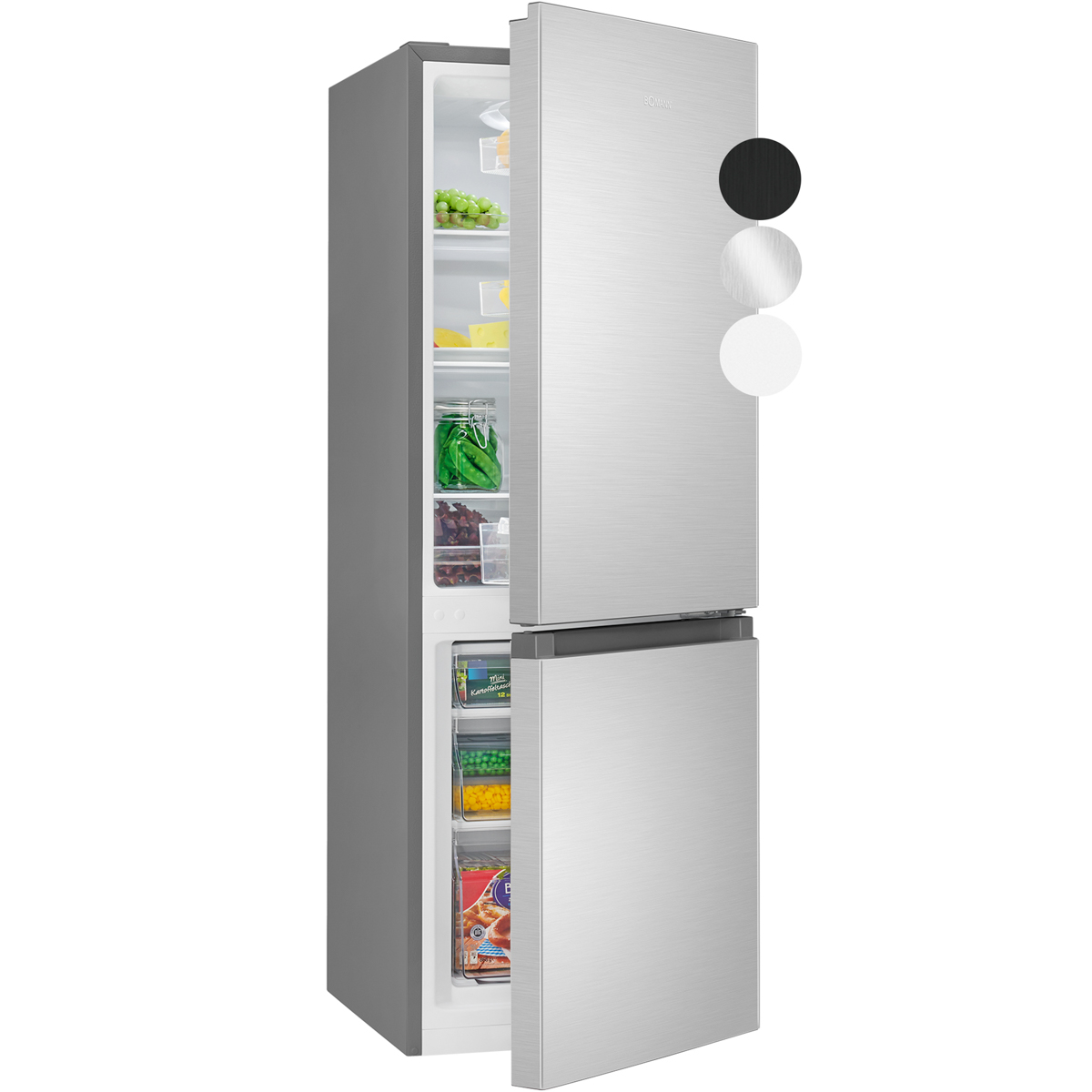 Srebrna lodówka, częściowo otwarta, odsłania owoce, warzywa i mrożonki. Próbki kolorów czarnego, srebrnego i białego.