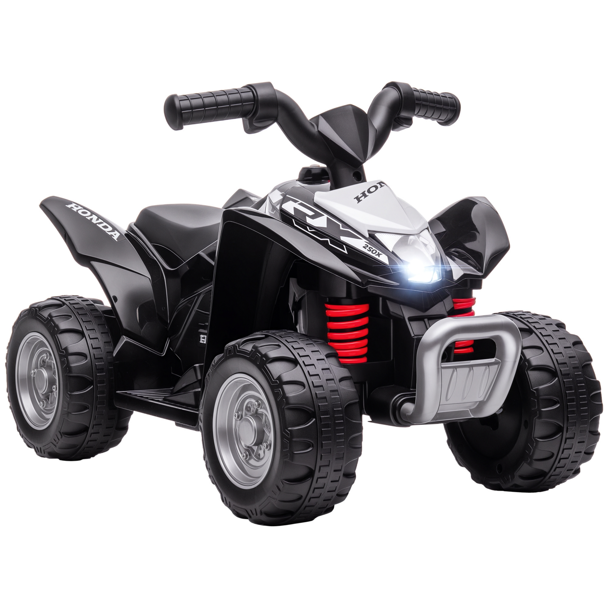 Giocattolo ATV Honda nero e argento. Presenta fari, pneumatici neri e sospensioni rosse. Lo sfondo è bianco.