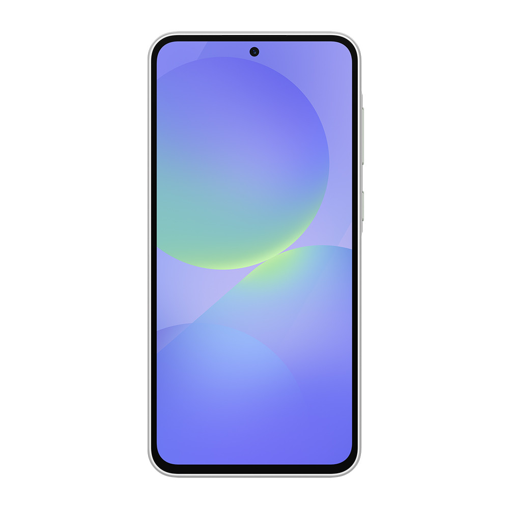 Uno smartphone con schermo che mostra sfumature blu e verdi su sfondo bianco.