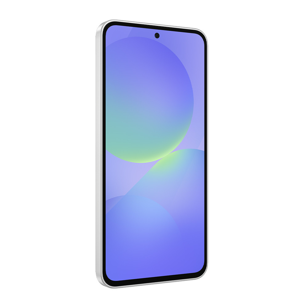 Uno smartphone con cornice argentata, schermo che mostra un gradiente di cerchi blu e verdi, su sfondo bianco.