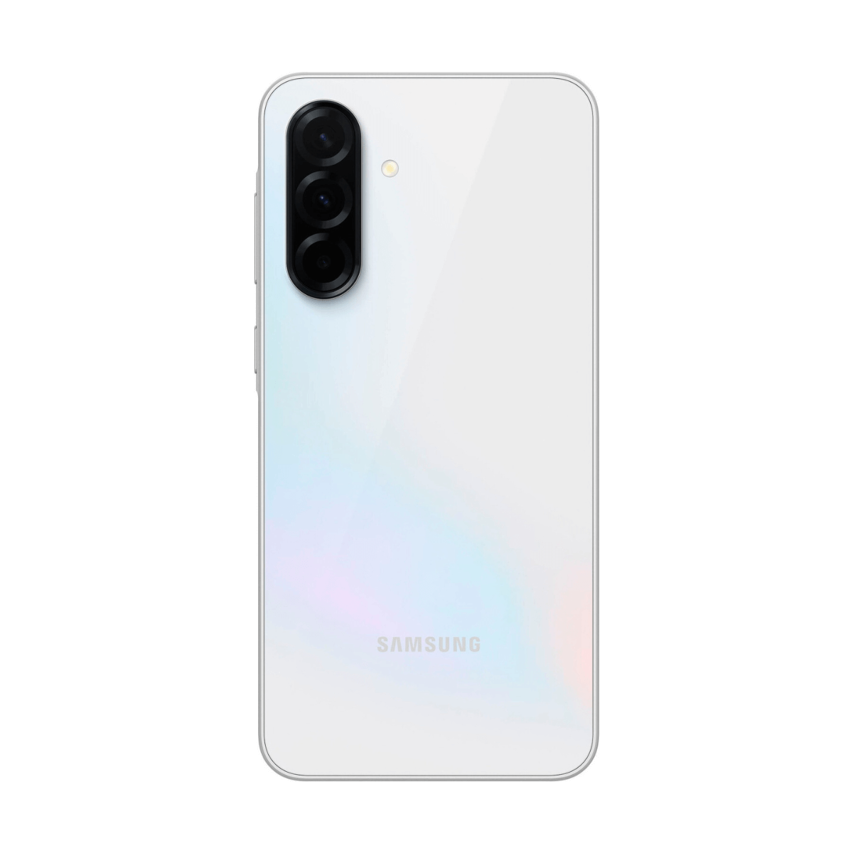 Retro di smartphone bianco con tre fotocamere, un flash e il logo Samsung. Ha una finitura lucida e una cornice argentata.