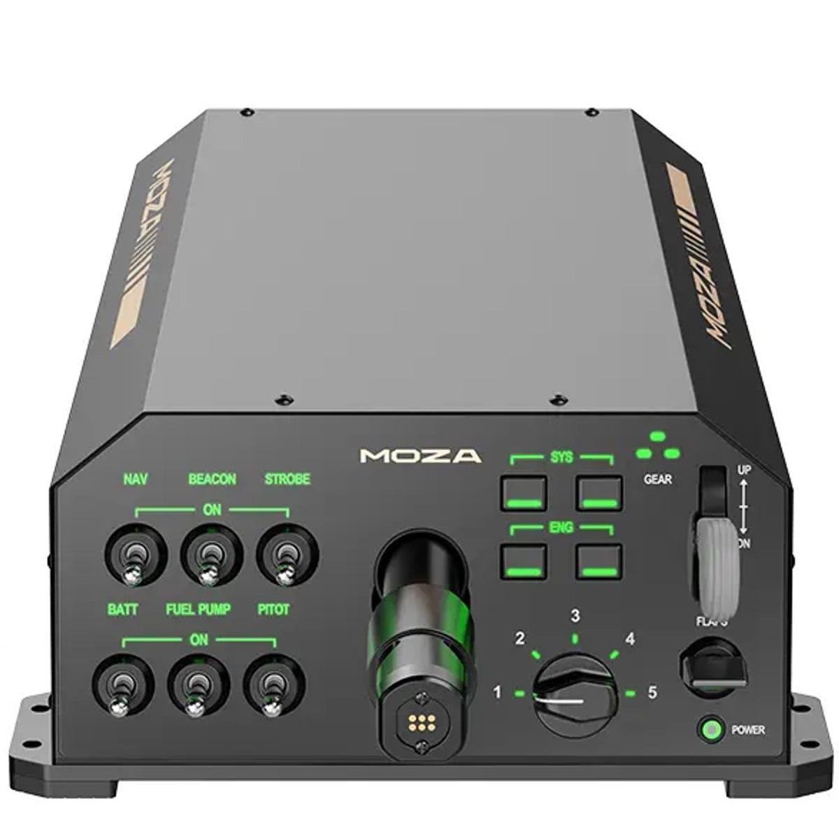 Appareil MOZA noir avec boutons, interrupteurs et un cadran. Le texte comprend 'NAV', 'BEACON', 'STROBE', 'BATT', 'FUEL PUMP', 'PITOT' et 'POWER'.