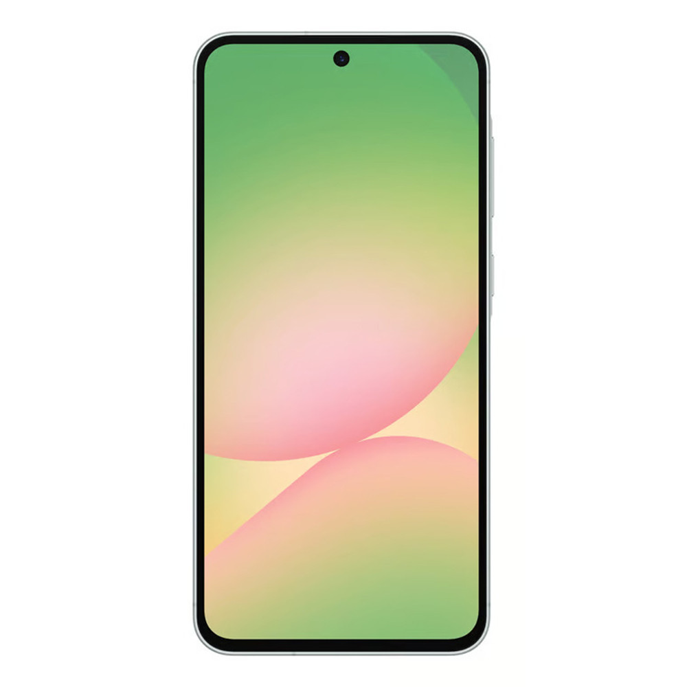 Smartfon z gradientowym tłem w kolorach zielonym, żółtym i różowym. Posiada aparat u góry i przyciski głośności z boku.