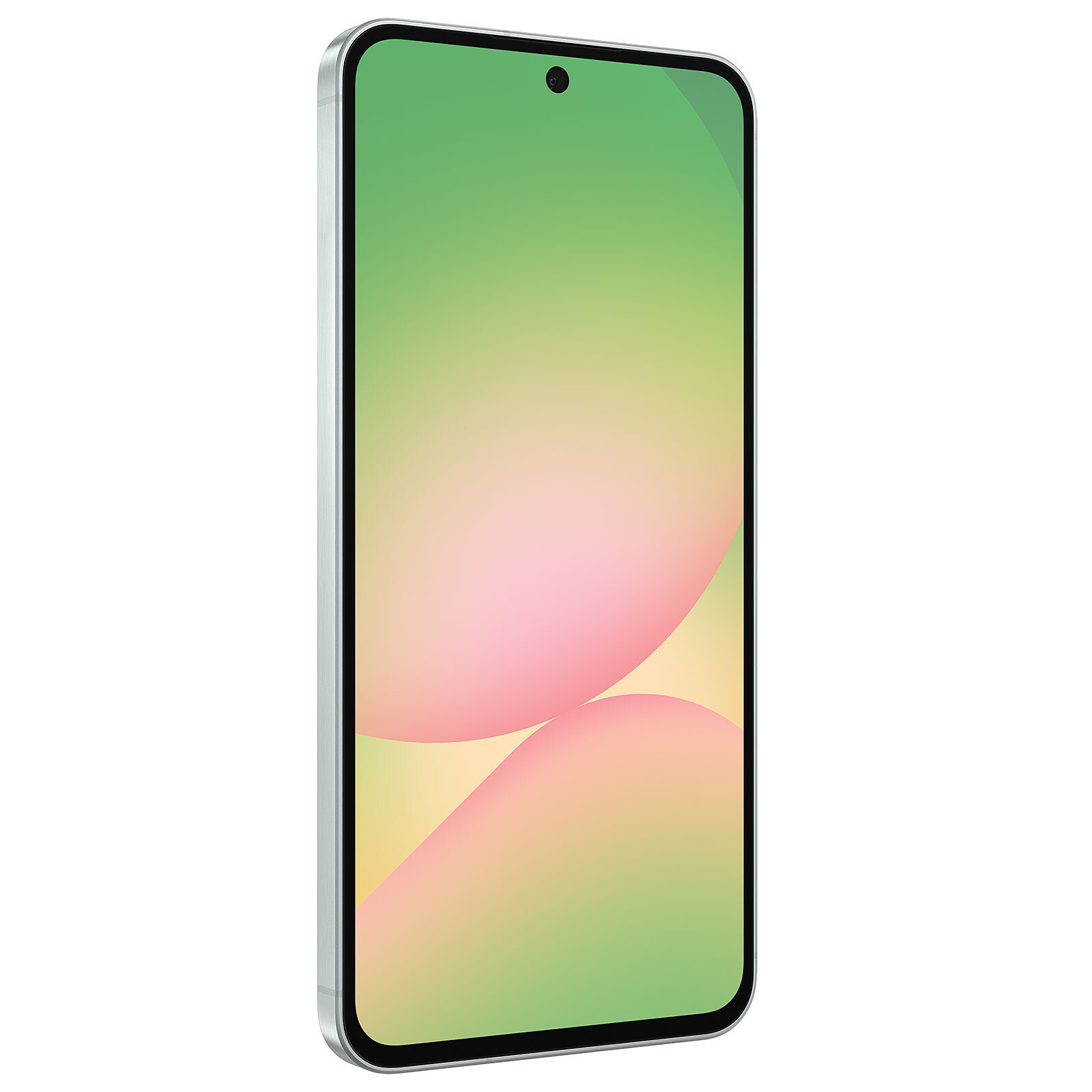 Smartfon z kolorowym gradientowym wyświetlaczem. Telefon jest srebrny z czarną ramką. Wyświetlacz ma aparat.