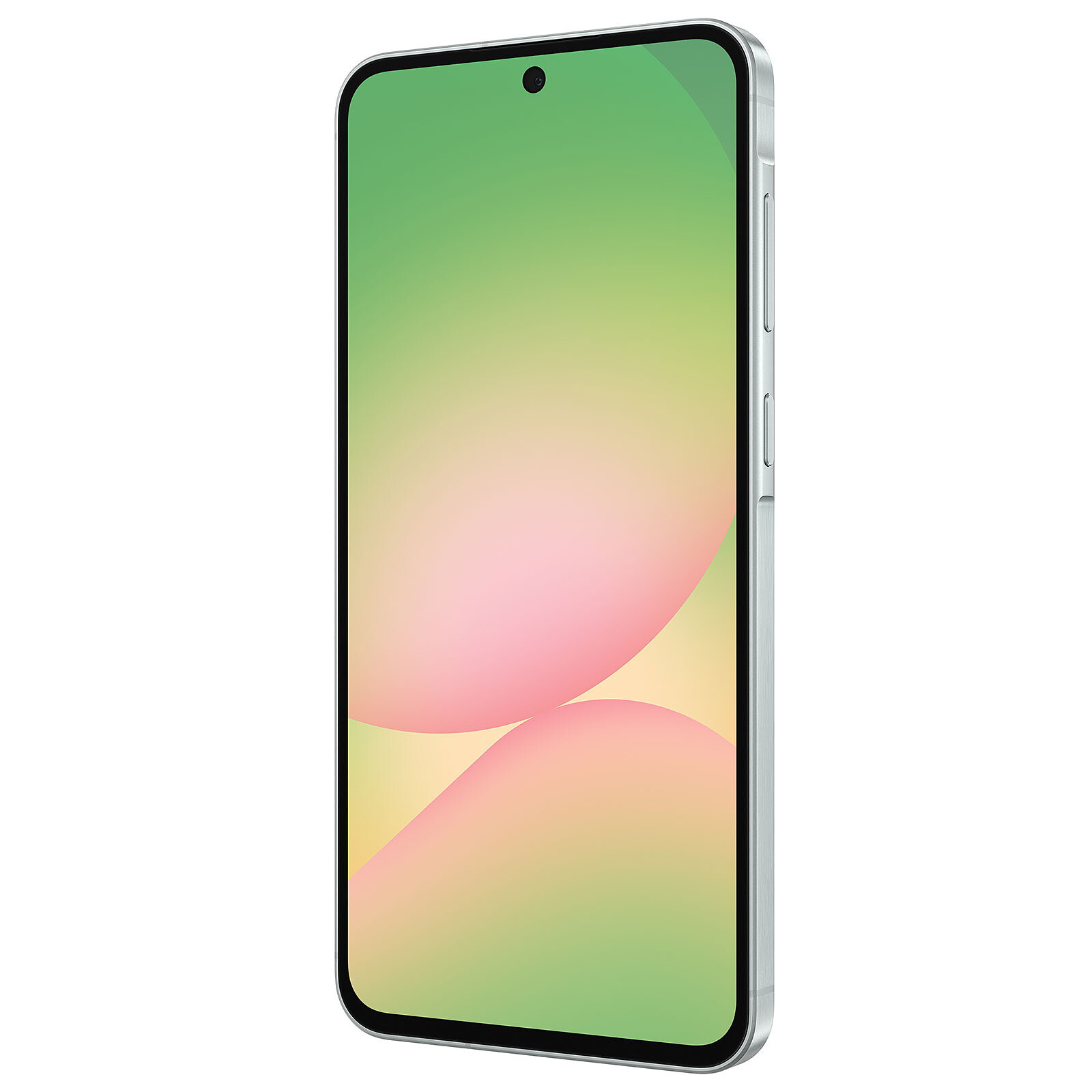 Srebrny smartfon z kolorowym ekranem, na którym widać różowe i zielone gradienty, na białym tle.