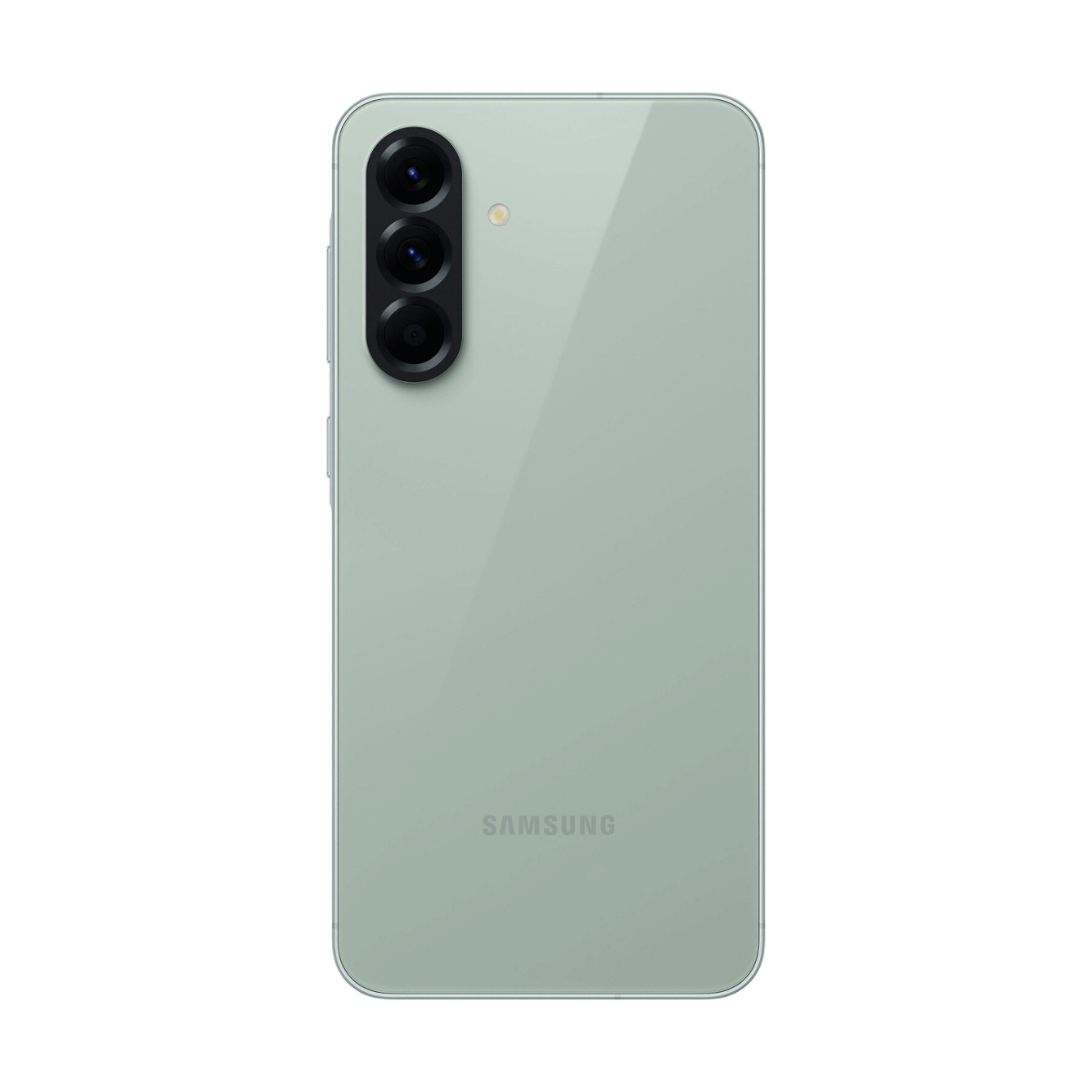 Tył miętowego smartfona z trzema obiektywami aparatu i lampą błyskową. Logo Samsung widoczne na dole.