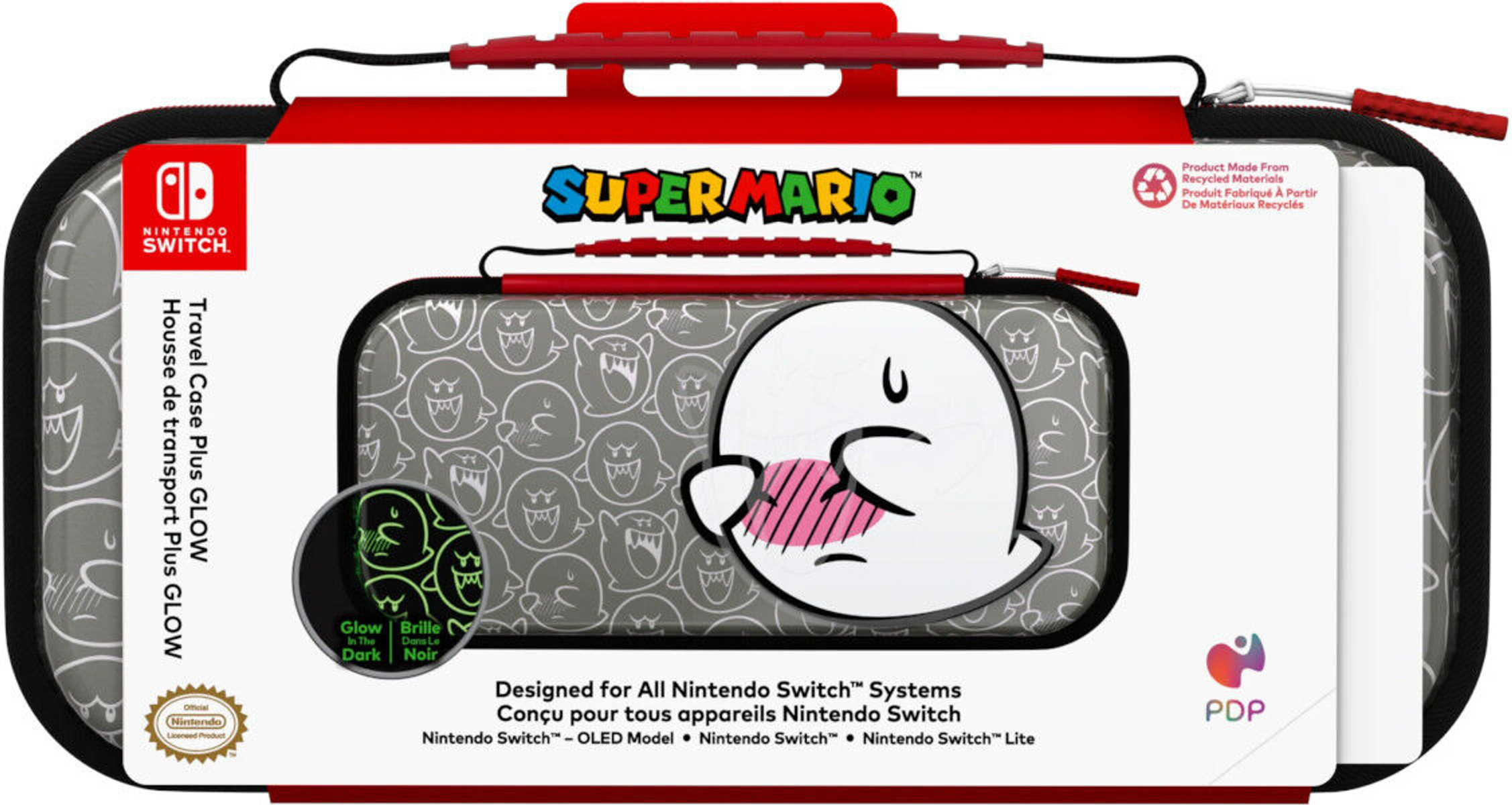 Etui podróżne Super Mario Nintendo Switch. Ma postać Boo, z czerwonym uchwytem i czarną obwódką.