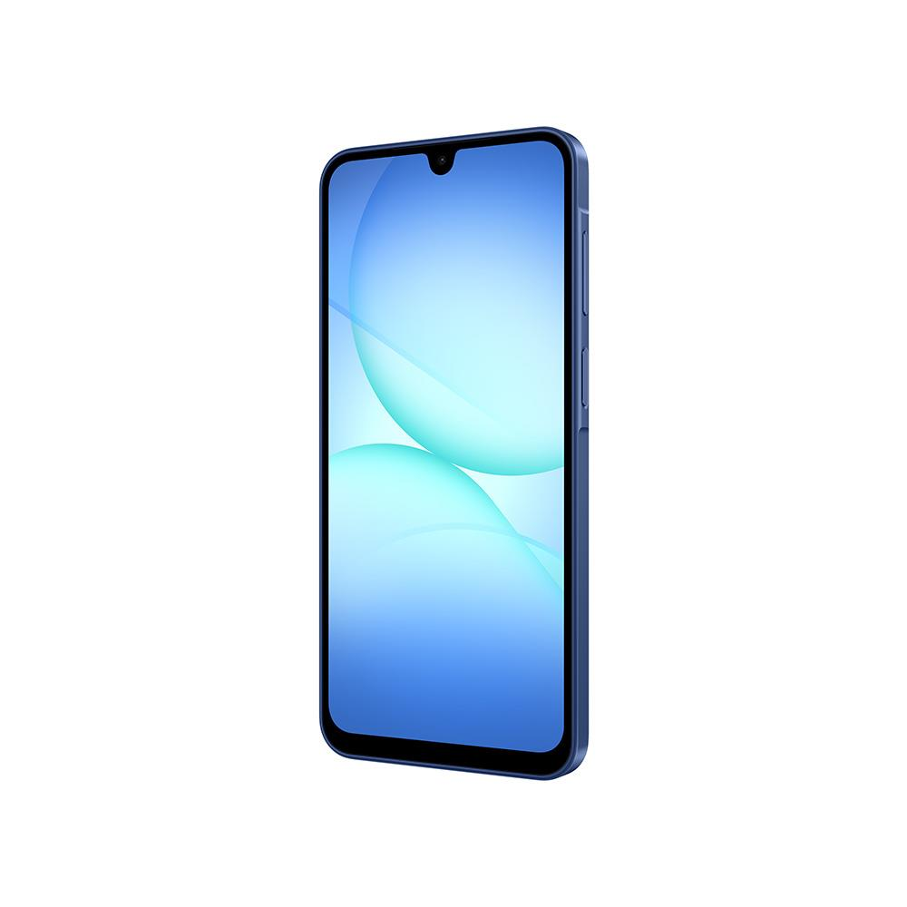Mavi ve beyaz küreler gösteren bir ekranı olan mavi bir akıllı telefon. Telefon beyaz bir arka plan üzerinde dik duruyor.