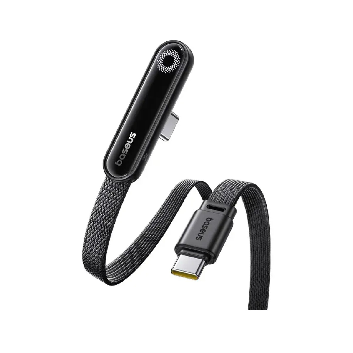 Cavo USB-C Baseus nero con un design distintivo. Il cavo include un connettore nero e un cavo intrecciato.