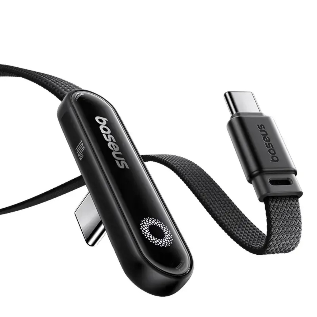 Cavo USB-C Baseus nero. Il cavo ha un design in tessuto intrecciato e include un connettore USB-C e un indicatore di carica.