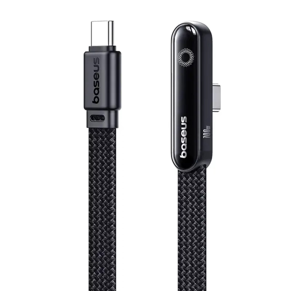 Un cavo USB-C Baseus nero. Un'estremità ha un connettore USB-C, l'altra un adattatore curvo. Cavo intrecciato.