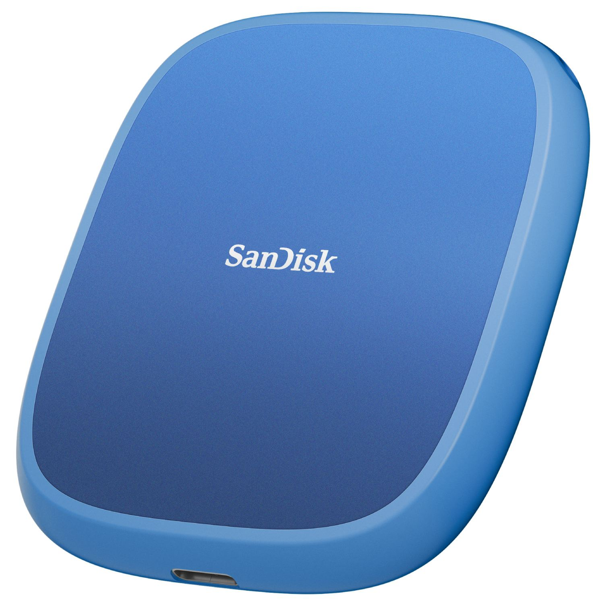 Un disco rigido esterno blu Sandisk. Il dispositivo è ovale, con il logo bianco Sandisk. Ha un design arrotondato.