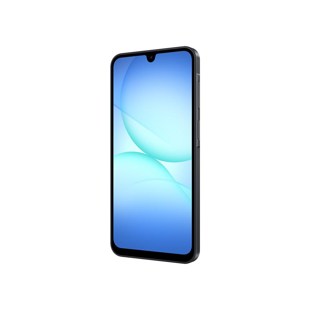 Beyaz zemin üzerinde bir akıllı telefon. Ekran, beyaz kürelerle mavi bir gradyan görüntüler. Telefonun siyah bir çerçevesi var.