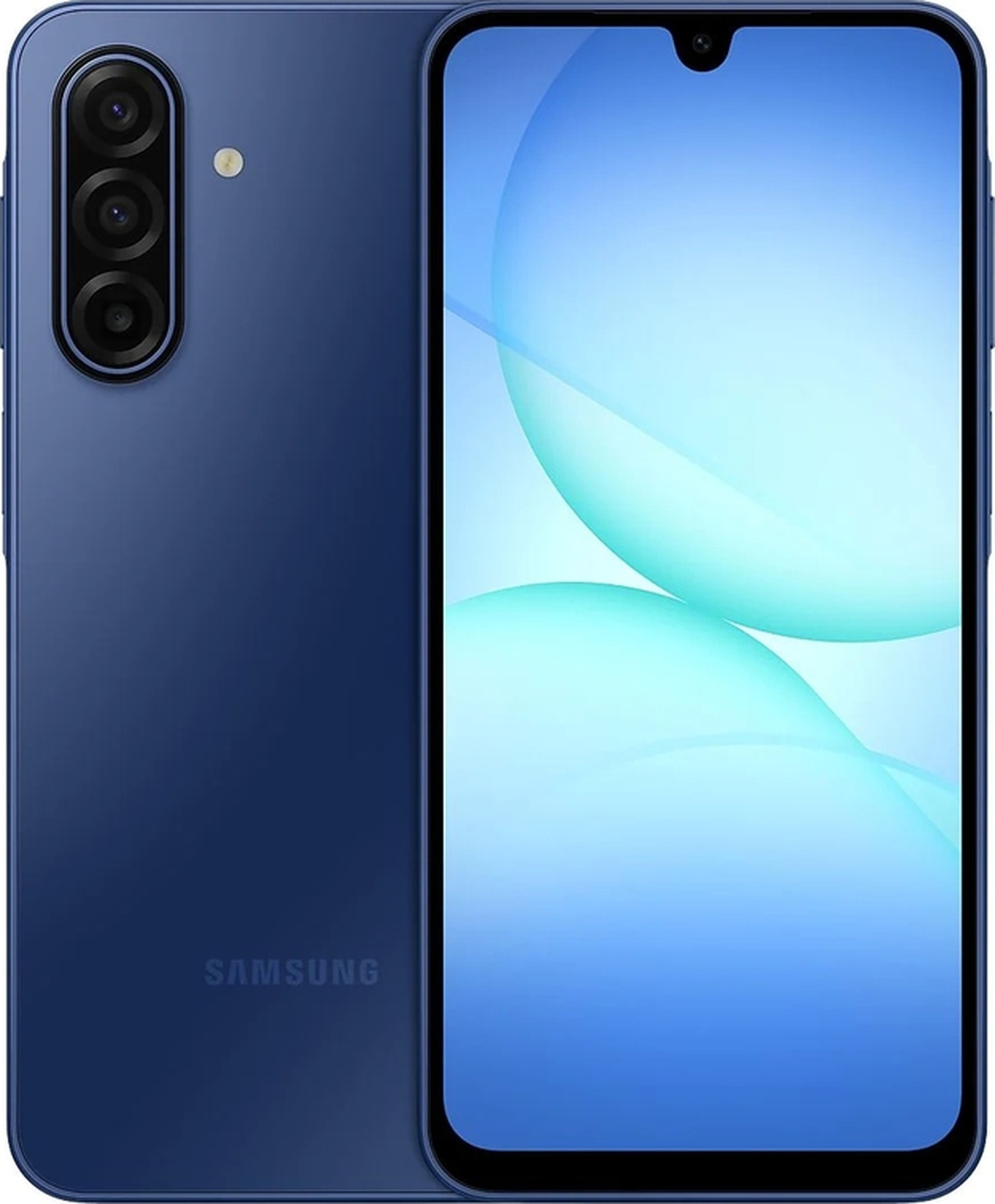 Mavi bir Samsung akıllı telefon. Arkasında üç kamera var. Ekran mavi ve beyaz soyut bir tasarım gösteriyor.