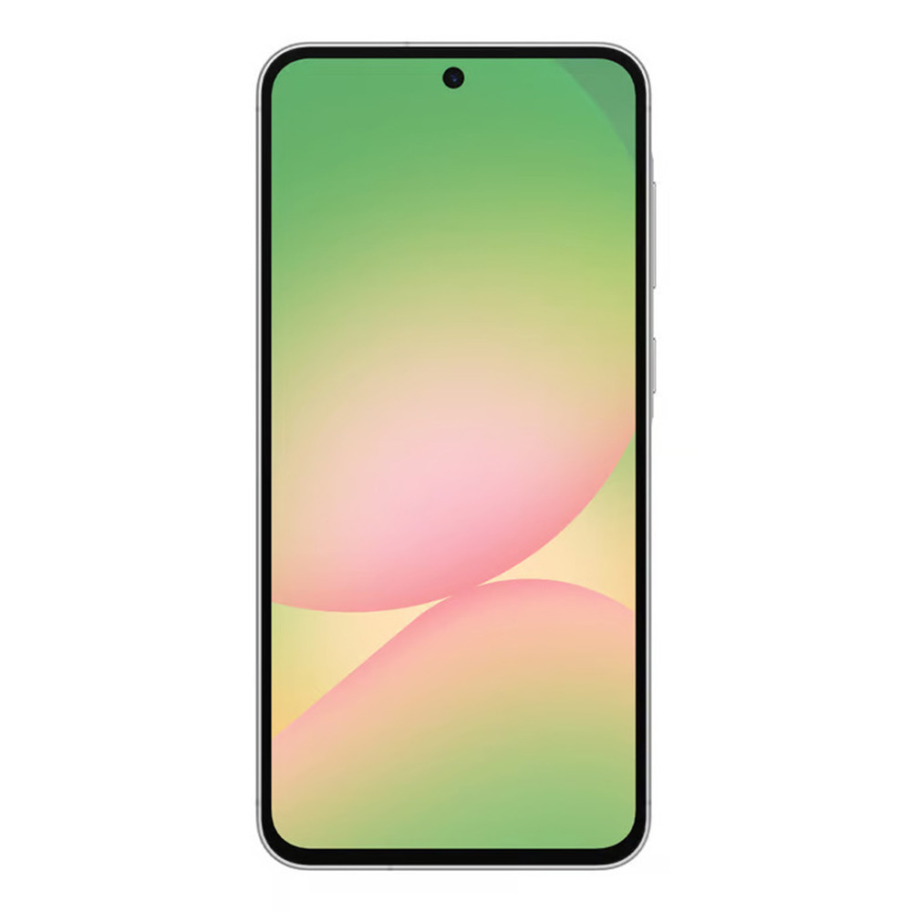 Uno smartphone con schermo sfumato, verde in alto, rosa e giallo in basso. Sono visibili una fotocamera frontale e i pulsanti del volume.