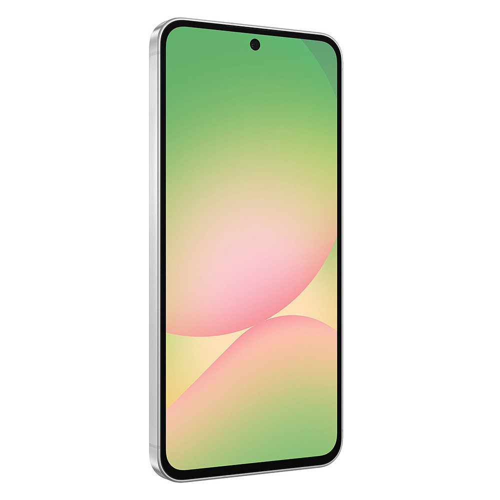 Uno smartphone con sfondo sfumato verde e rosa. Il telefono è argentato e lo schermo è acceso.