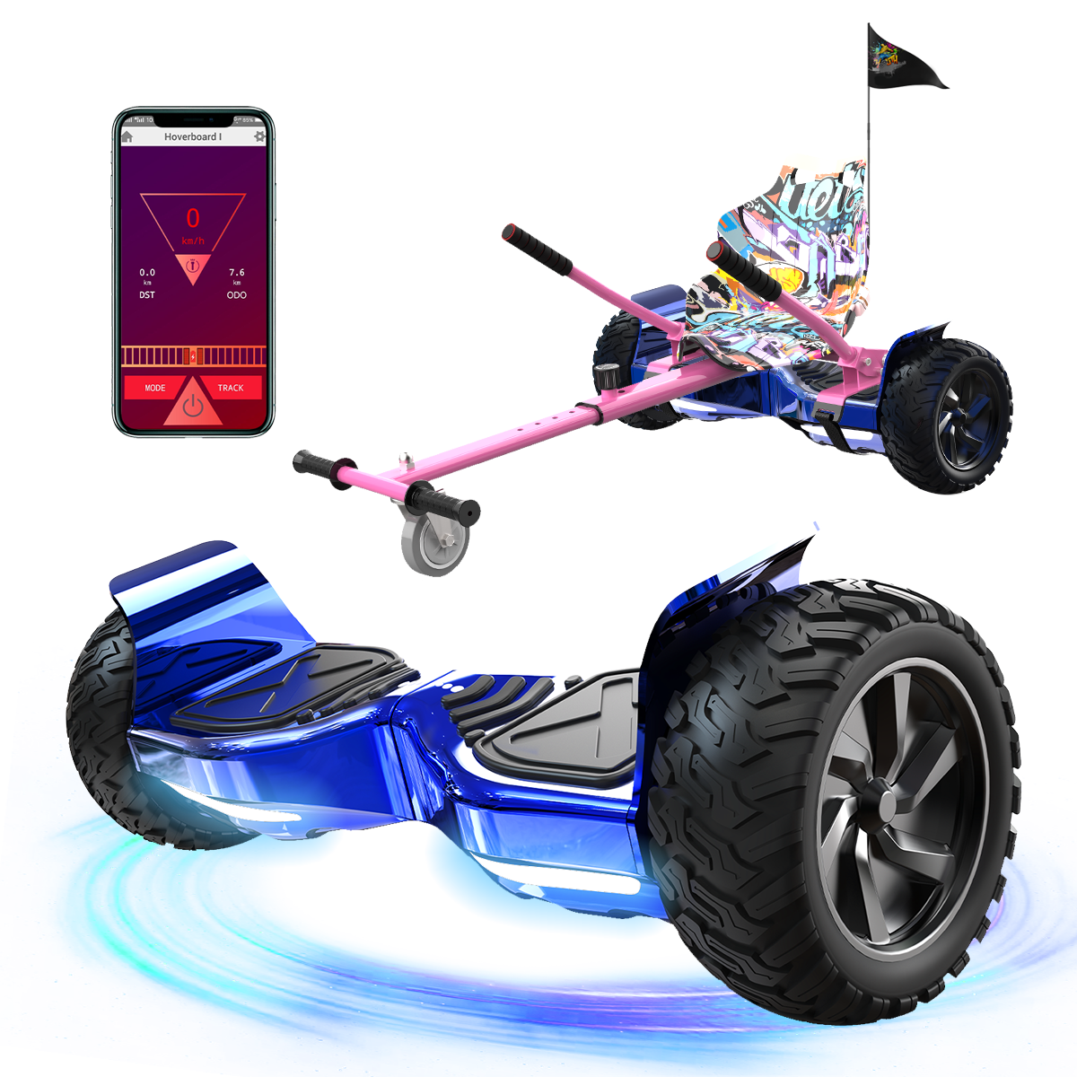 La imagen muestra un hoverboard azul, un go-kart rosa y un teléfono con estadísticas de hoverboard. El go-kart tiene graffiti.