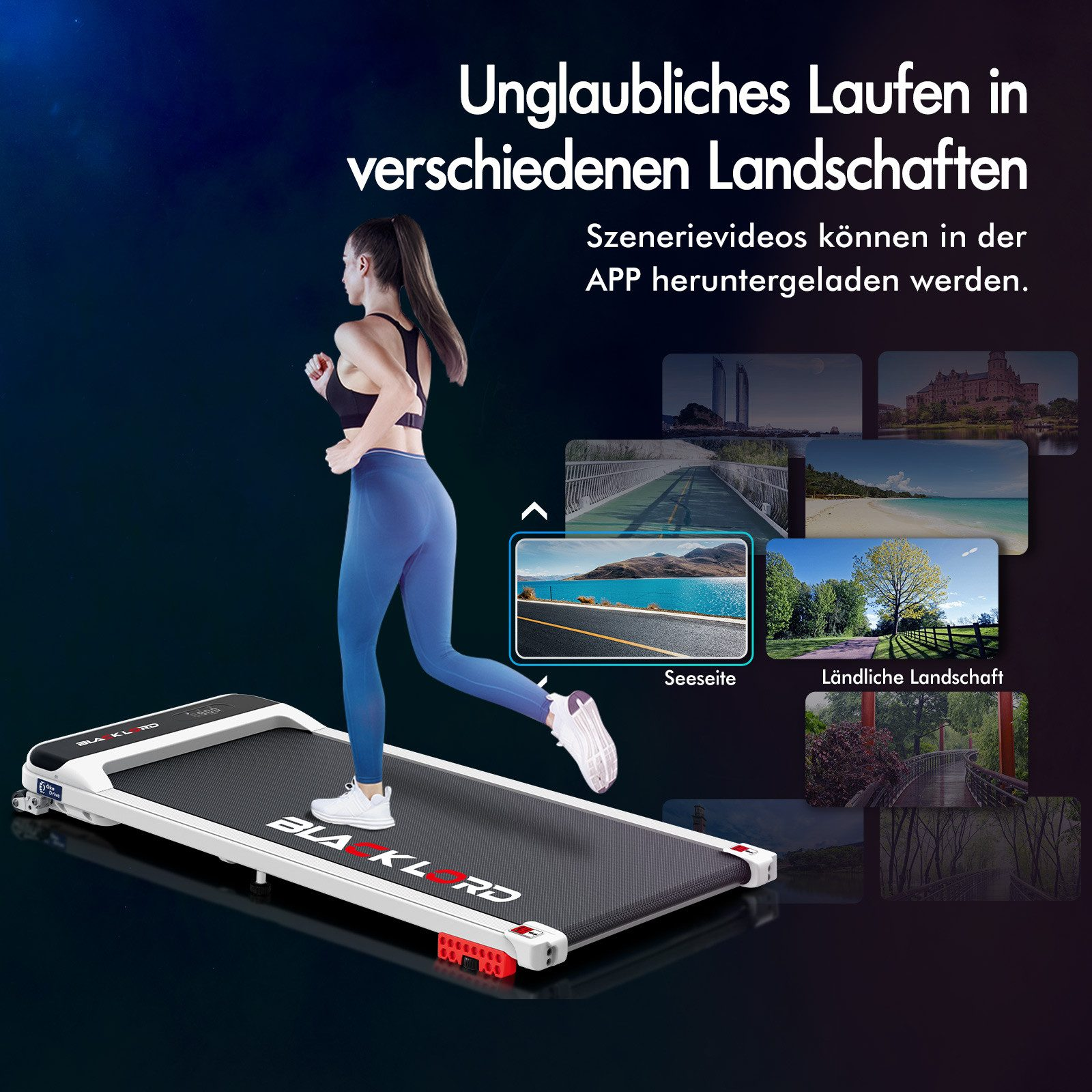 Eine Frau läuft auf einem Laufband. Das Bild enthält Landschaften und Text auf Deutsch, der für das Produkt wirbt.