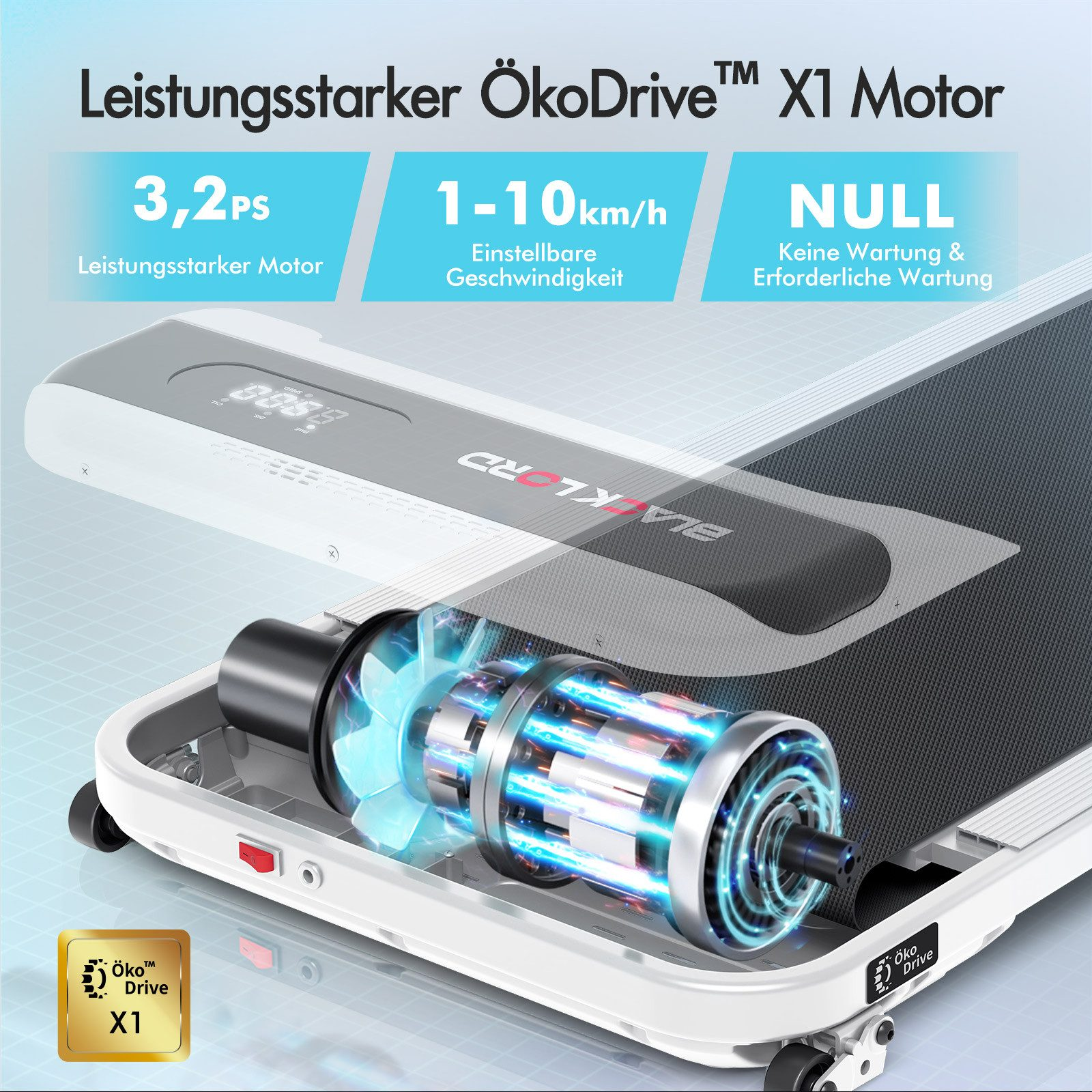 Laufbandmotor mit Spezifikationen: 3,2 PS, 1-10 km/h und NULL für Wartung. Detaillierte Ansicht des Motors.