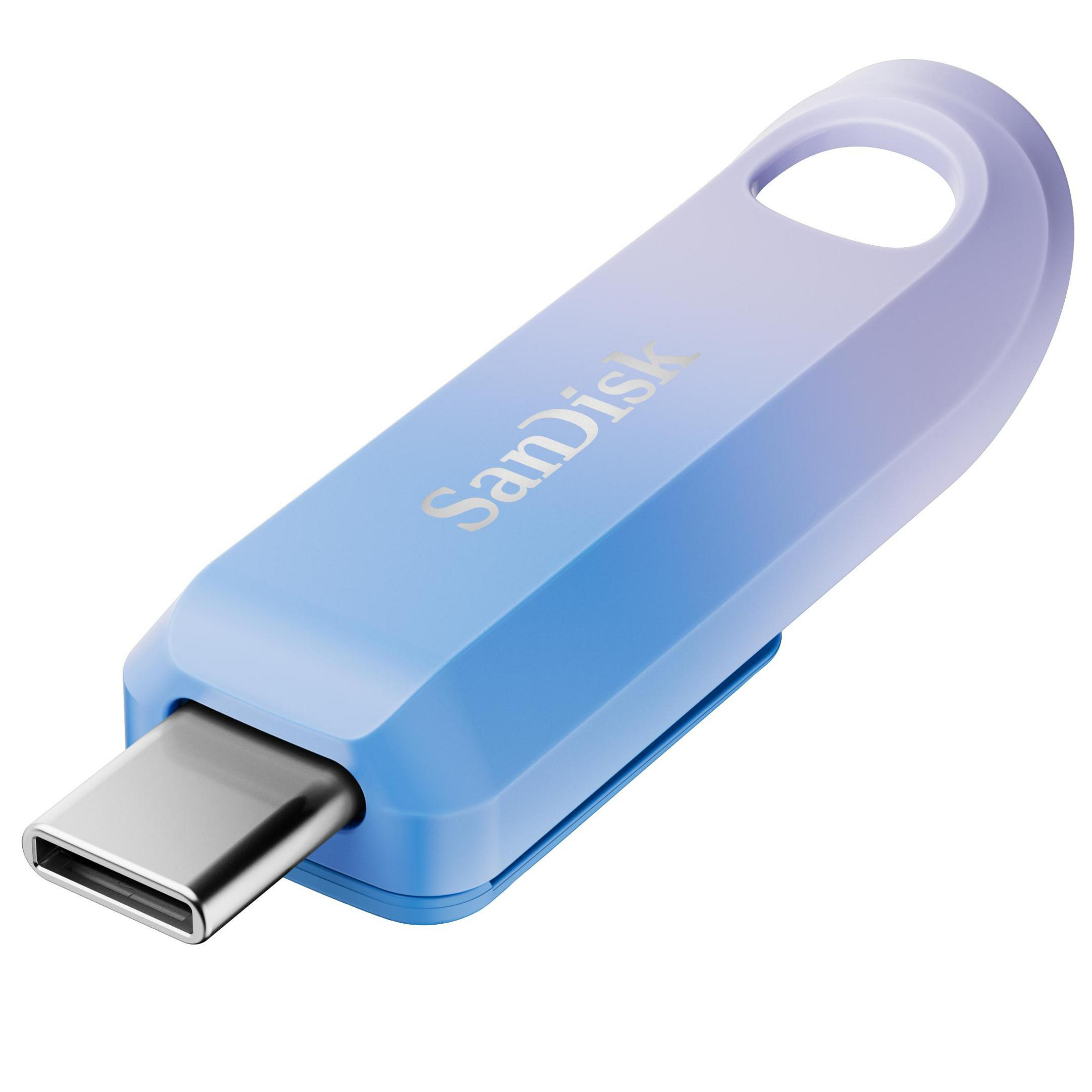 Niebiesko-fioletowy pendrive USB-C SanDisk na białym tle. Napęd ma metalowe złącze i nadrukowaną nazwę marki.