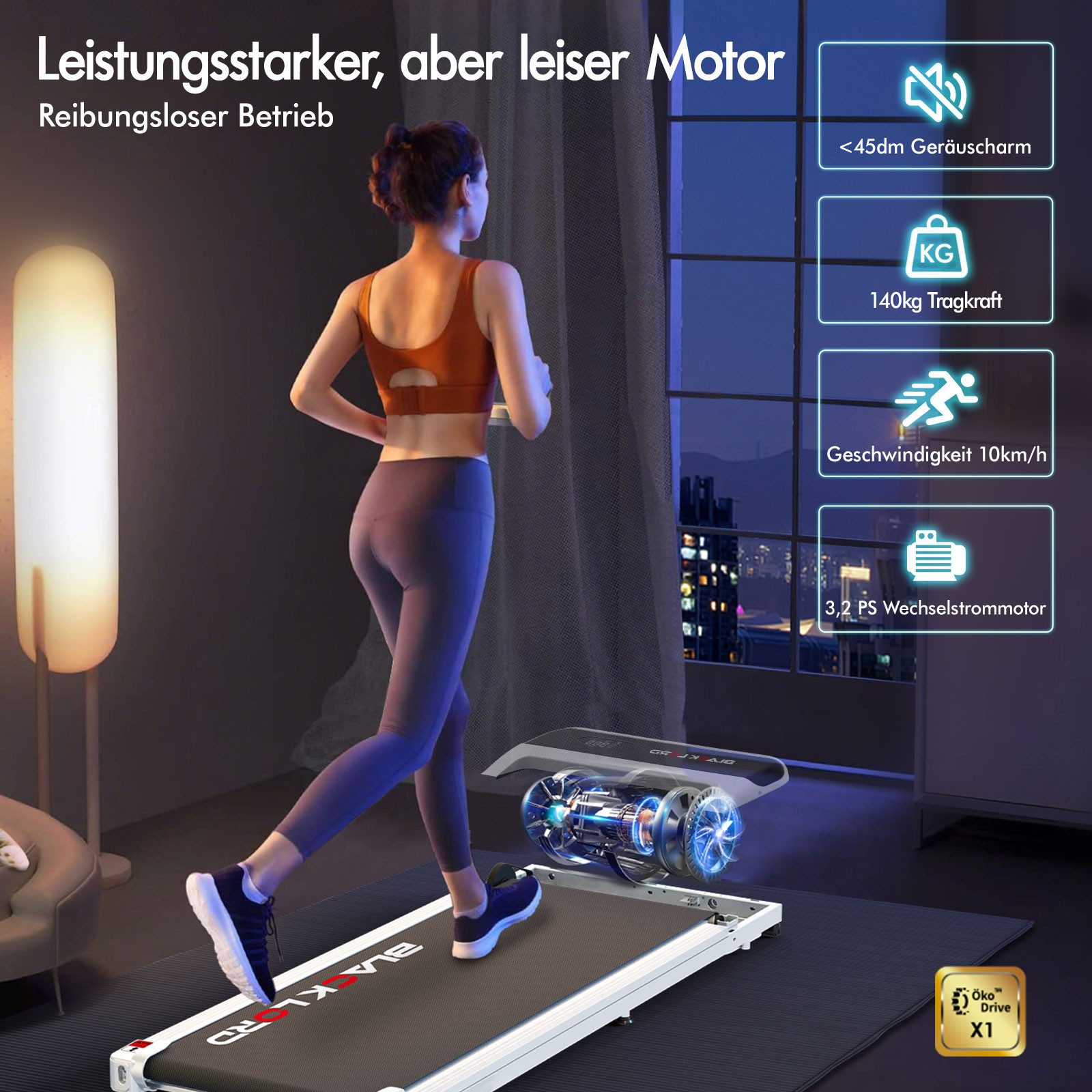 Eine Frau läuft auf einem Laufband. Das Laufband hat einen sichtbaren Motor. Rechts sind Spezifikationen und ein Logo.