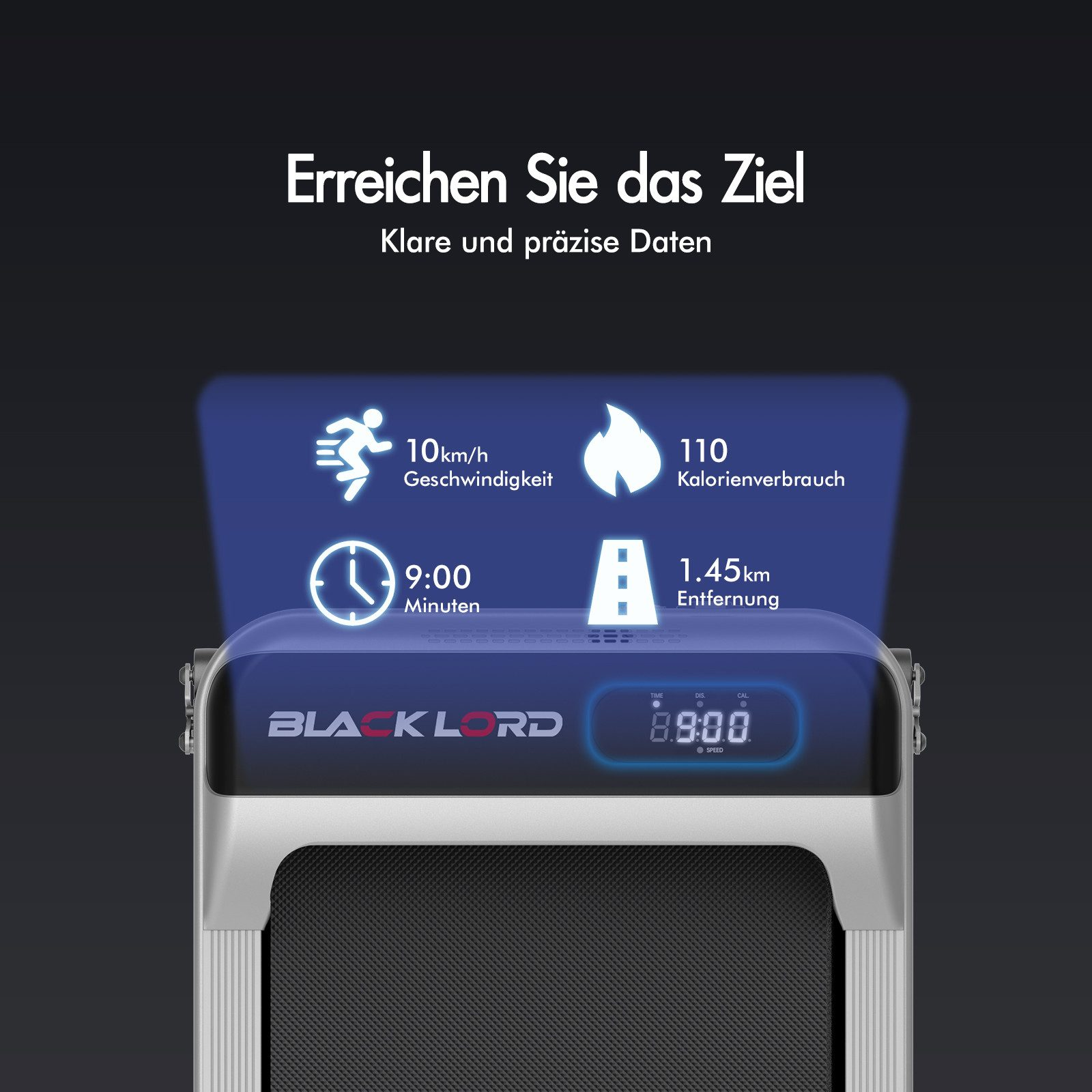 Ein Laufband zeigt Geschwindigkeit, Zeit, Distanz und verbrannte Kalorien an. Text oben: 'Erreichen Sie Ihr Ziel'.