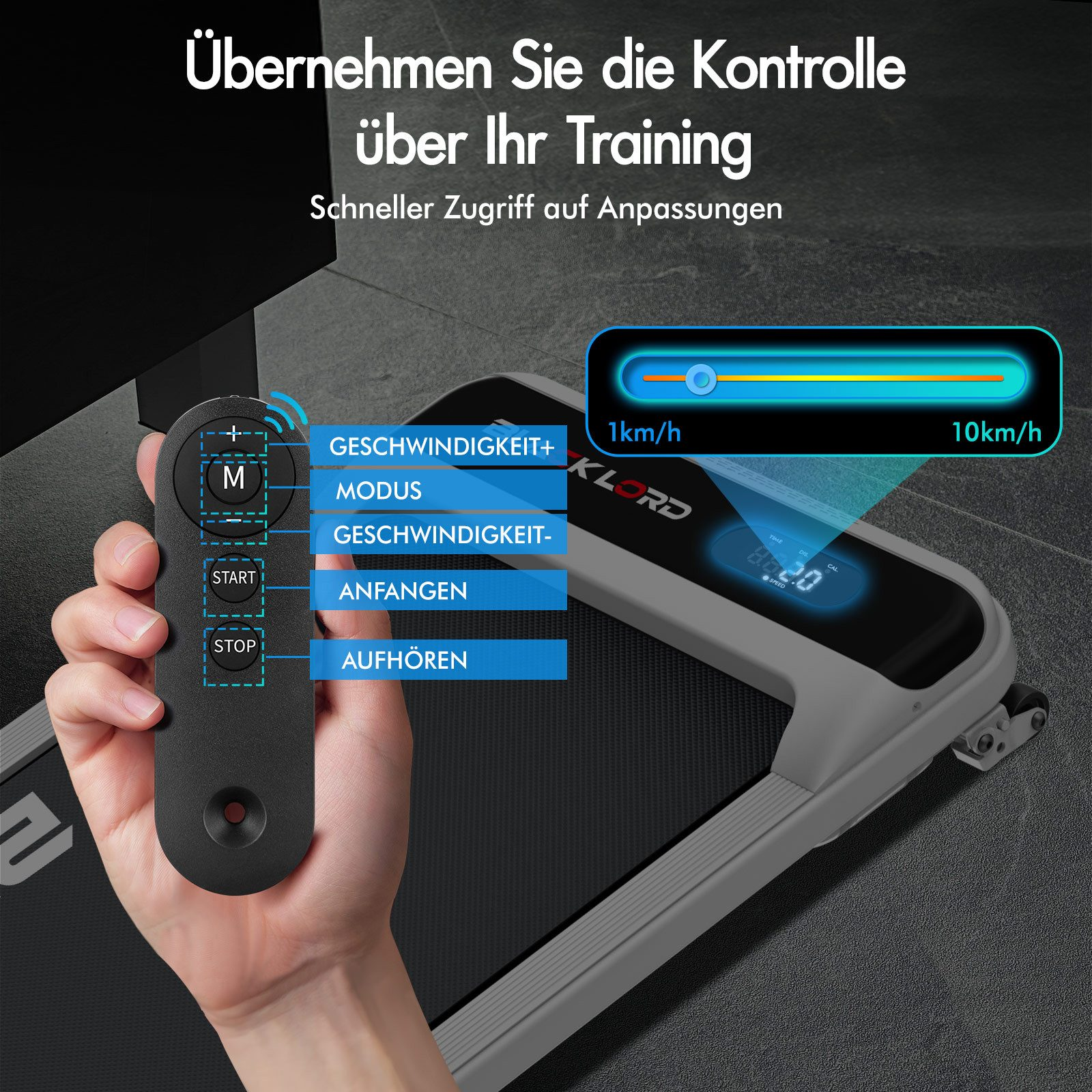 Hand, die eine Fernbedienung hält, die ein Laufband steuert. Geschwindigkeitsanzeige zeigt 8,2 mit Geschwindigkeitsleiste. Text: 'Übernehmen Sie die Kontrolle'.