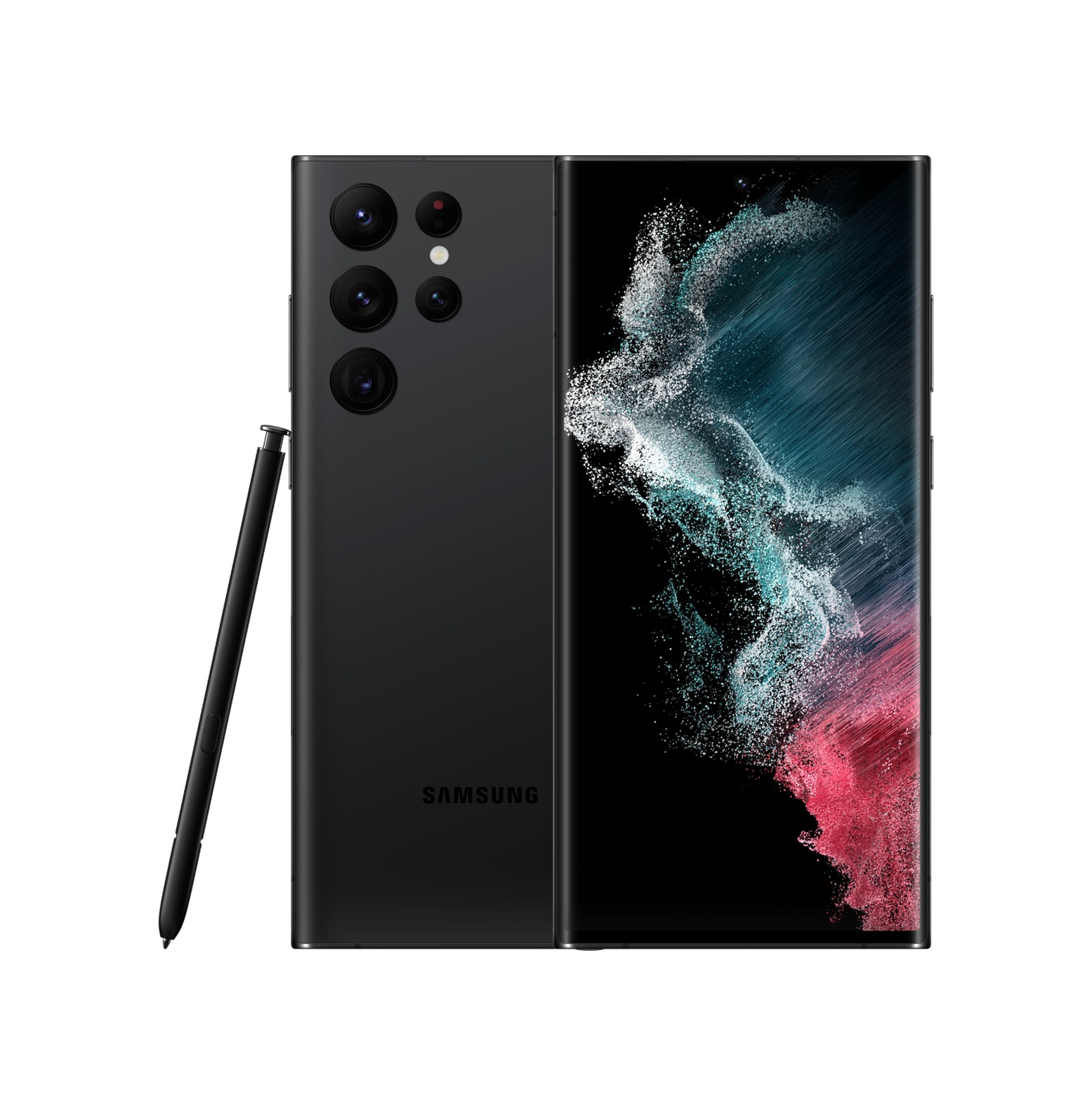 Siyah Samsung telefon ve kalem. Telefon açık, soyut bir tasarım gösteriyor. Kalem yanda.