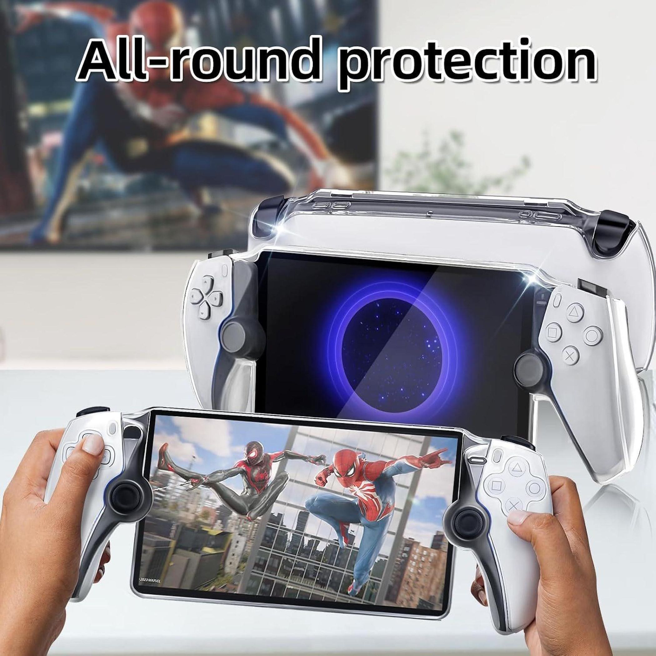 Hände halten einen Gamecontroller mit einem Bildschirm, der Spider-Man-Charaktere zeigt. Der Fall lautet 'Allround-Schutz'.