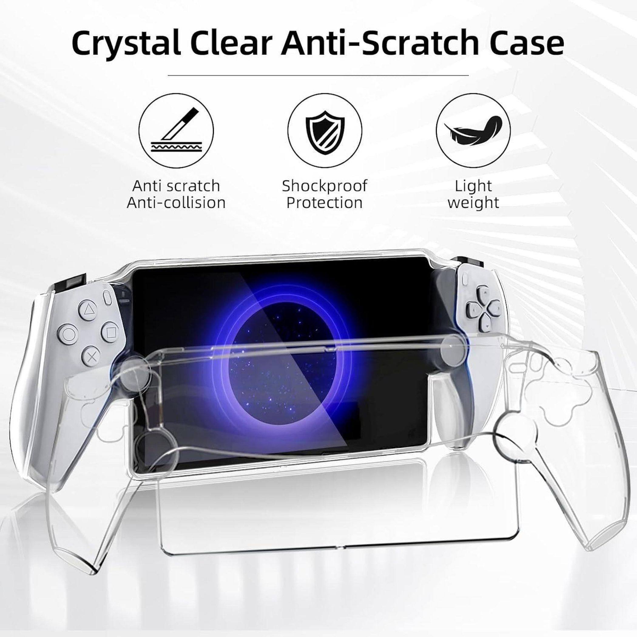 Eine transparente Schutzhülle für eine Handheld-Konsole. Sie hat Schutzfunktionen und ist kristallklar.