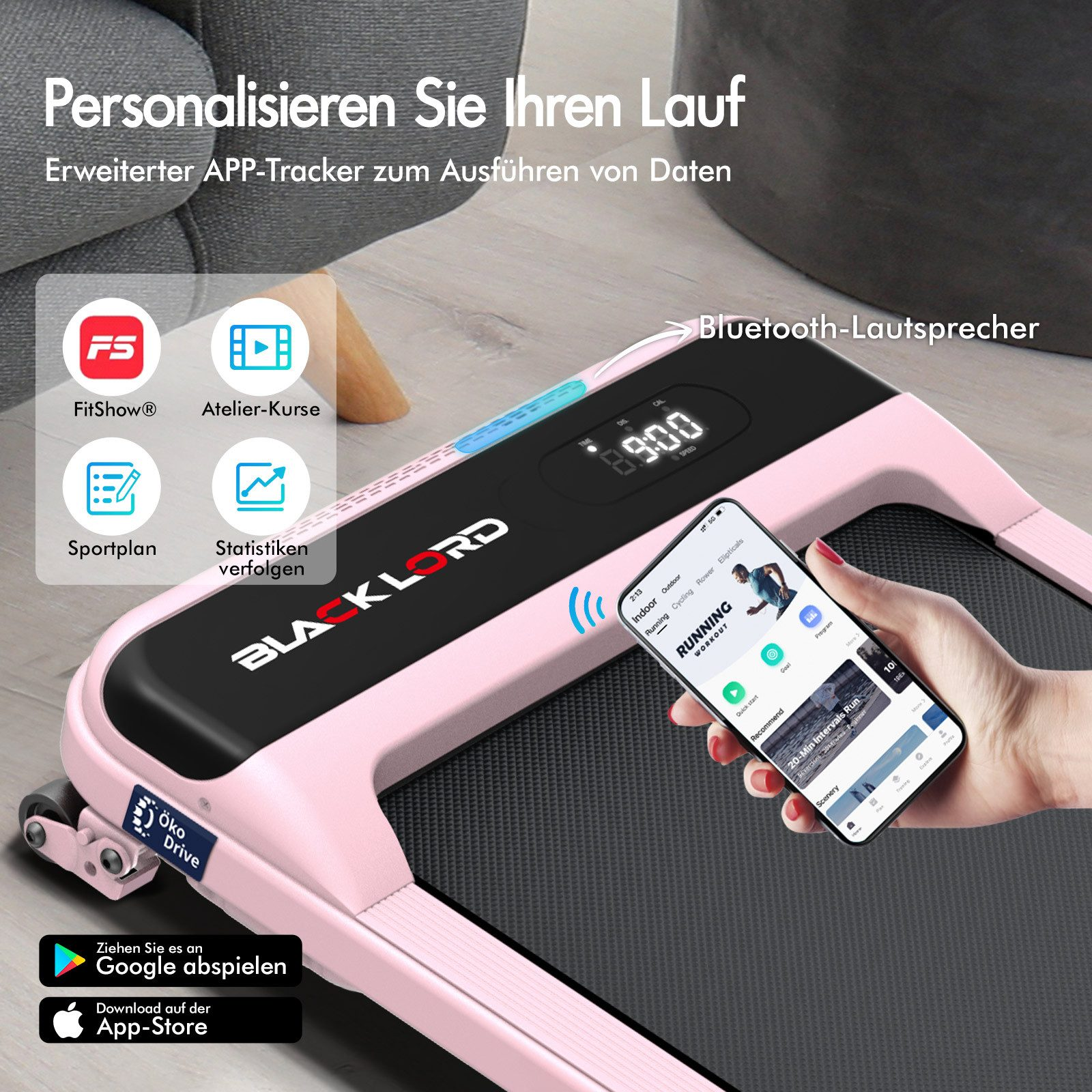 Rosa Laufband mit Handy, das eine Workout-App zeigt. Schwarze Oberfläche, weißes Display und rosa Rahmen. Hand hält Telefon.