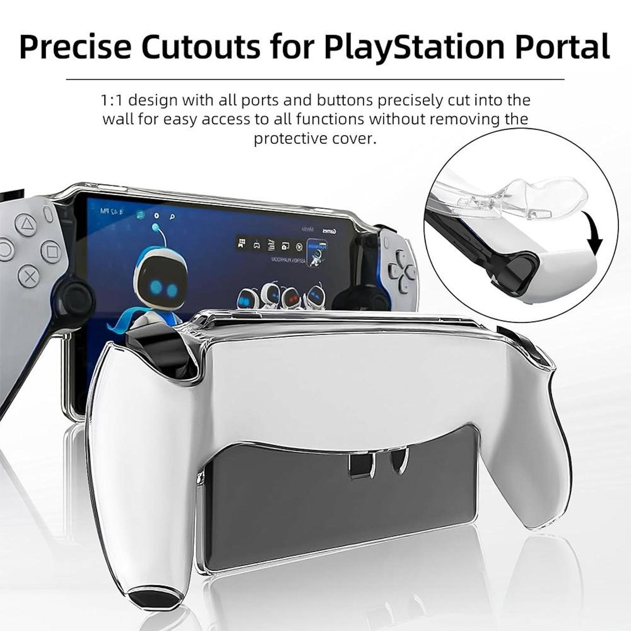 Transparente Kunststoffhülle für PlayStation Portal, präzise Ausschnitte für Knöpfe und Anschlüsse. Bildschirm mit Roboter.
