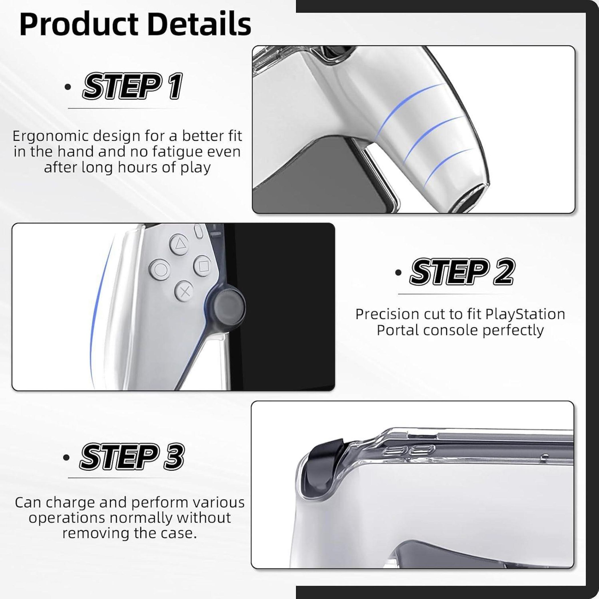 Produktdetails mit Schritt-für-Schritt-Illustrationen. Zeigt eine transparente Hülle für eine PlayStation Portal-Konsole.